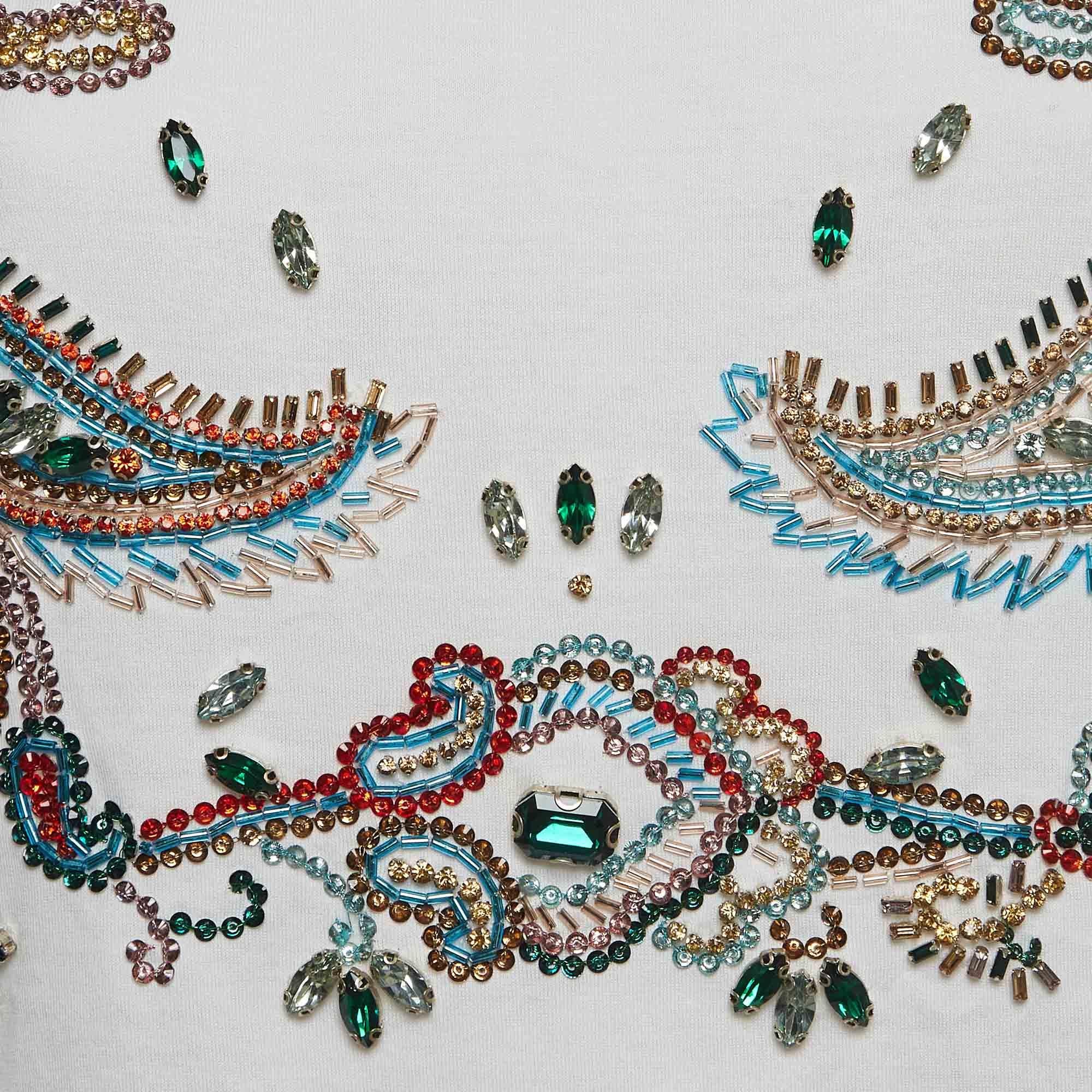 Gray Roberto Cavalli White Crystal Embellished Knit Top M For Sale