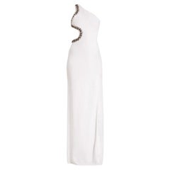 Roberto Cavalli White Embellished Cutout Asymmetric Shoulder Gown