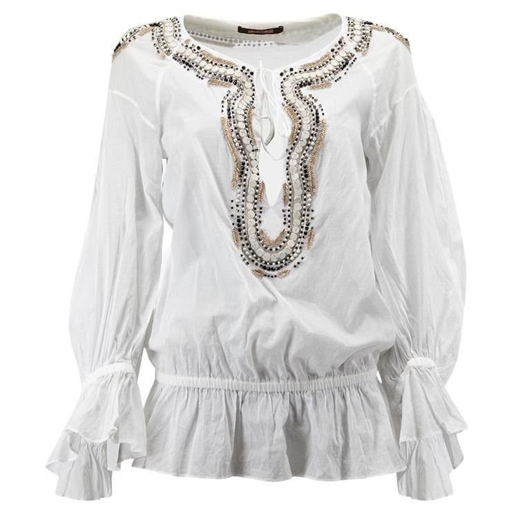 Roberto Cavalli White Embellished Tie Neck Top Size S For Sale