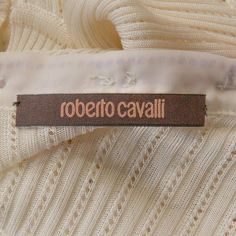 Roberto Cavalli Weißes gerafftes Top aus Seide und Strick mit Blumendruck und Strickverzierung M im Angebot 1