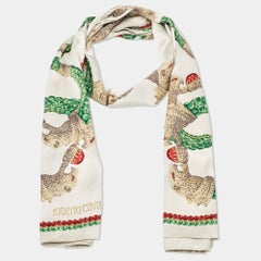Roberto Cavalli White Glittered Print Satin Silk Scarf
