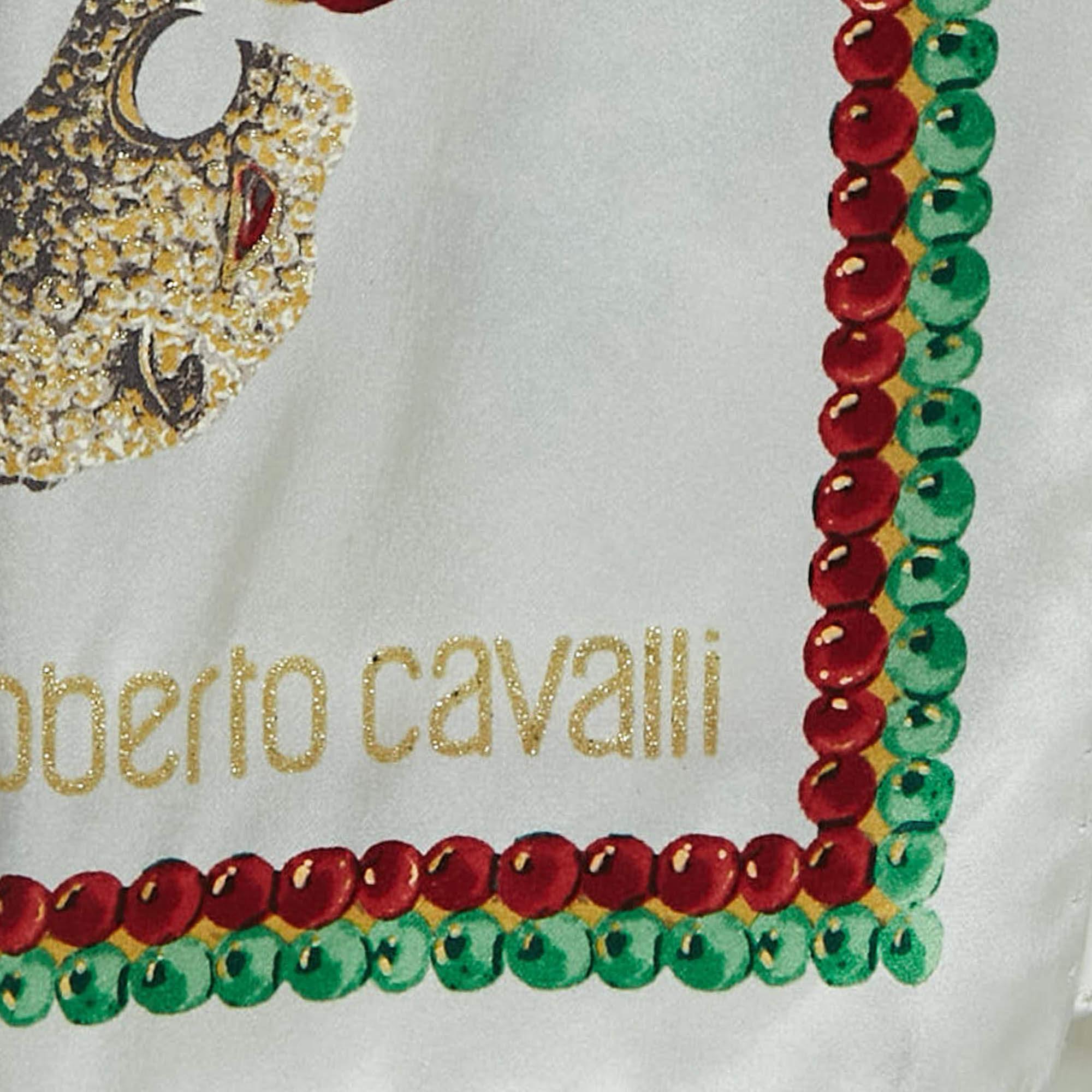 Gray Roberto Cavalli White Glittered Print Satin Silk Scarf For Sale