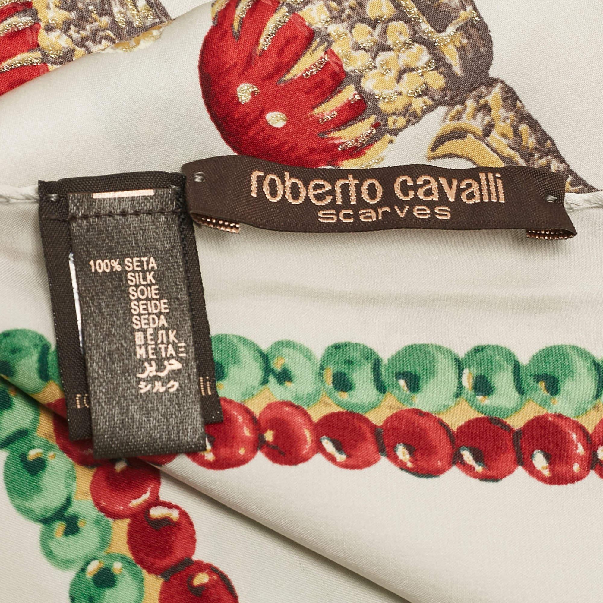 Roberto Cavalli White Glittered Print Satin Silk Scarf For Sale 1