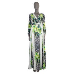 ROBERTO CAVALLI white green silk PRINTED WRAP MAXI Dress 38 XS