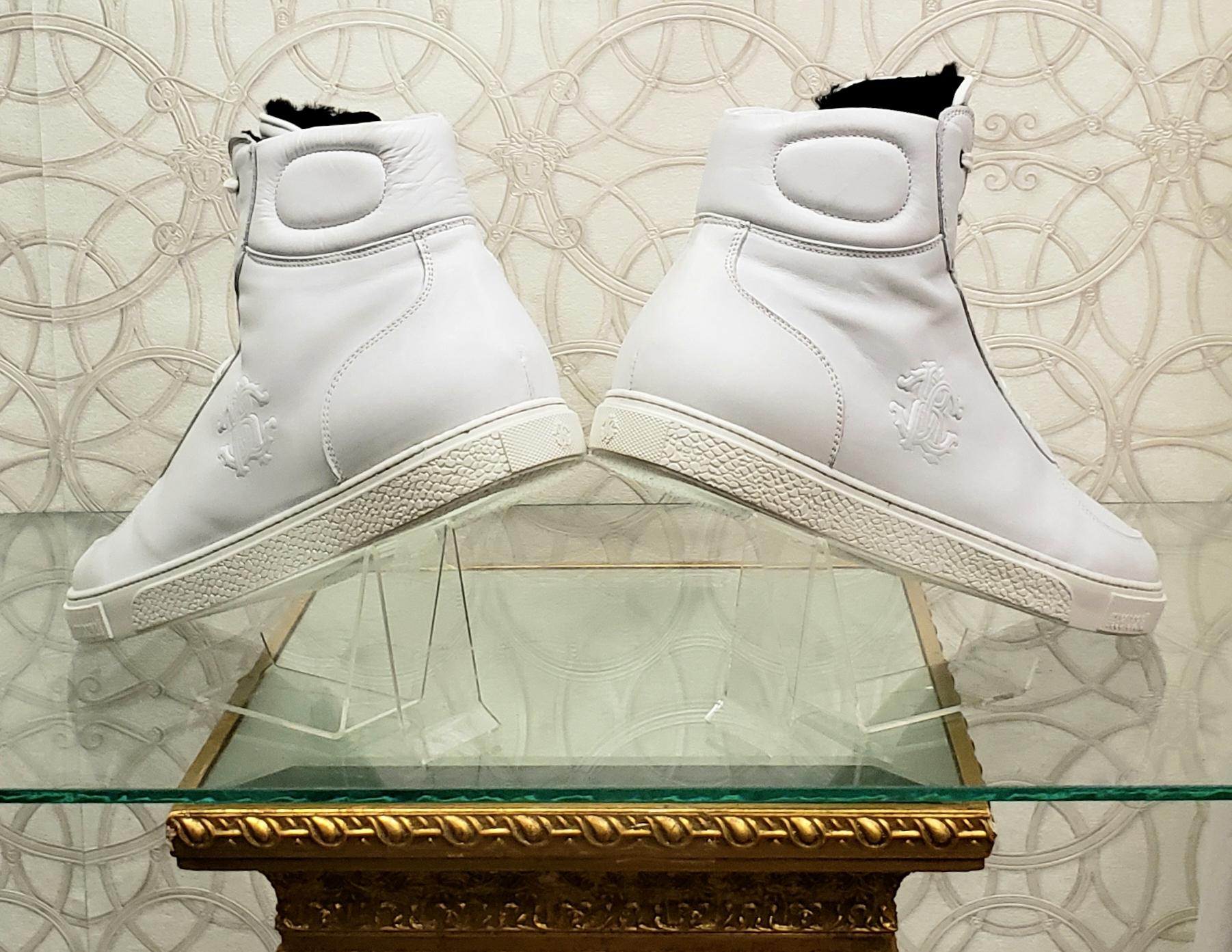 ROBERTO CAVALLI WHITE LEATHER FUR LINED SHEARLING Sneakers 41.5;43;44.5;45 In New Condition In Montgomery, TX