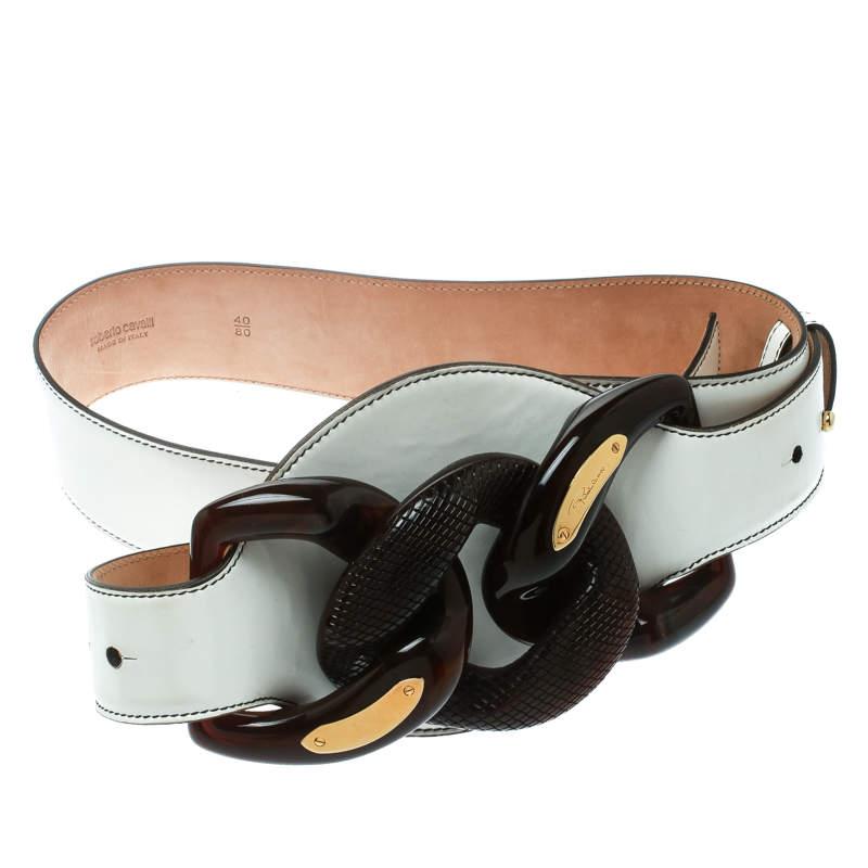 Belts are staple accessories every closet needs to have. This one from Roberto Cavalli will make a great buy as it is well-crafted and designed to assist your style. It is made from white leather and detailed with interlocked motifs and pin