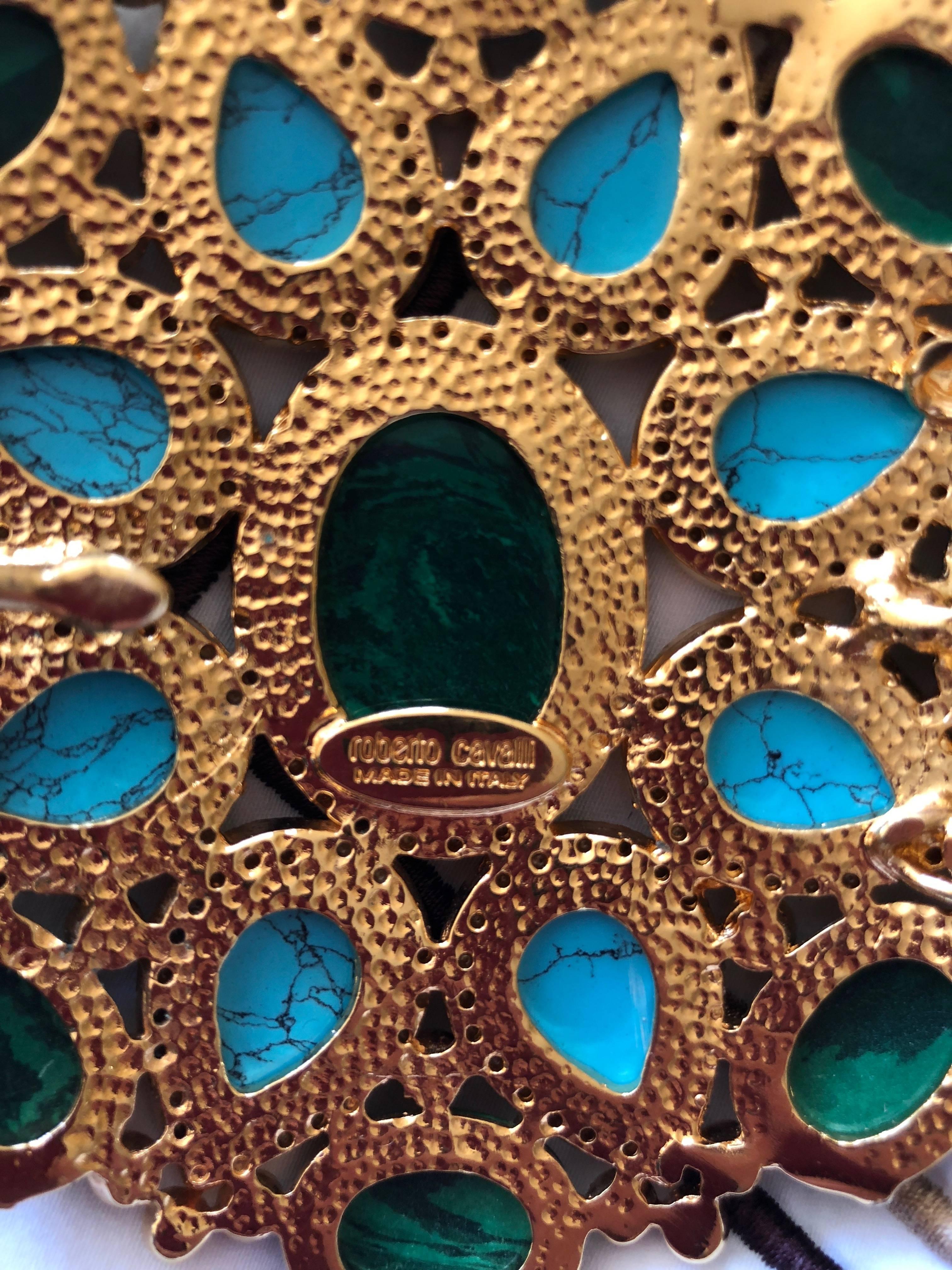 Roberto Cavalli Wide Golden Faux Turquoise & Emerald Wide Maharaja Belt  XL For Sale 6