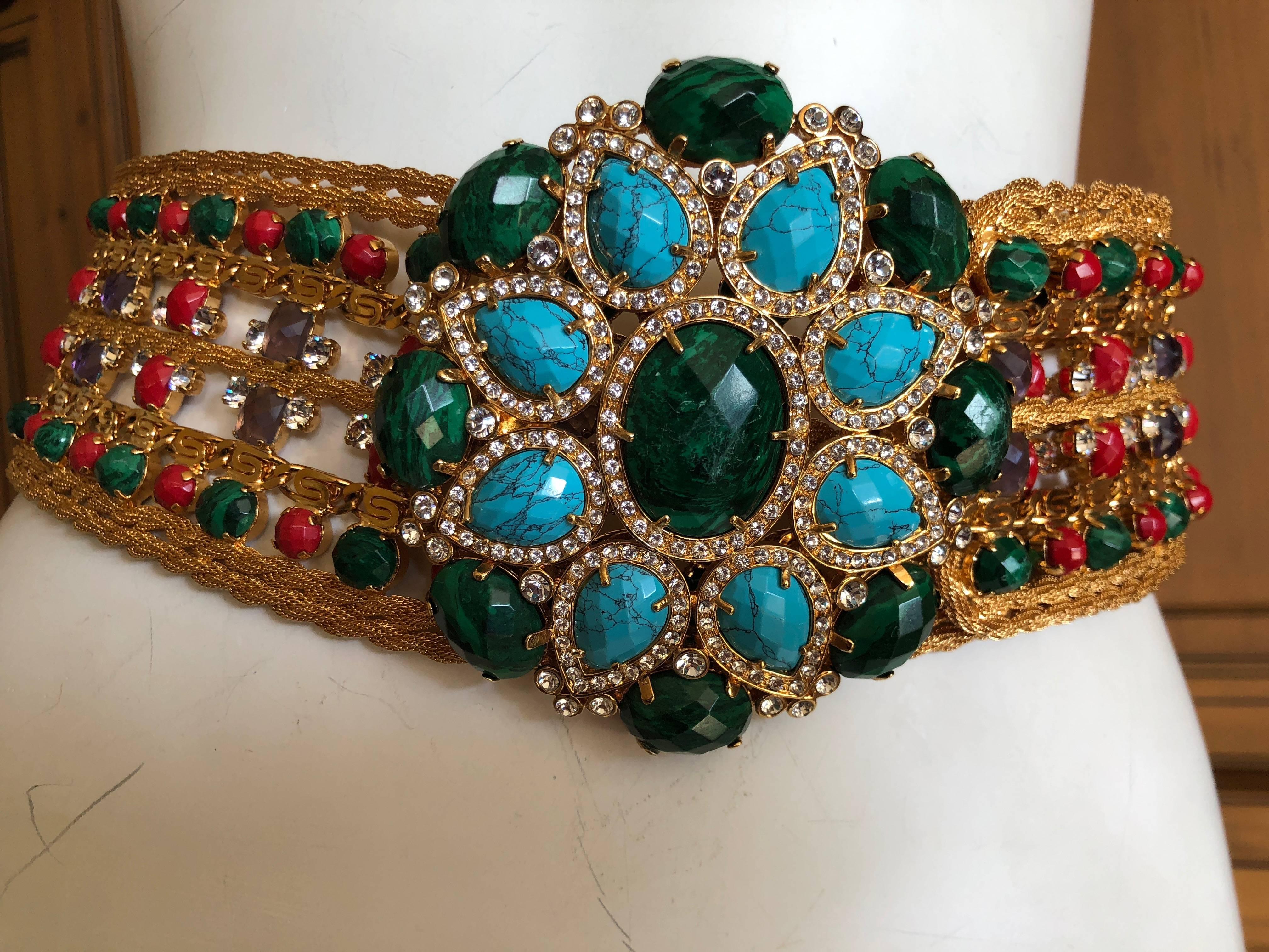 Roberto Cavalli Wide Golden Faux Turquoise & Emerald Wide Maharaja Belt  XL For Sale 7