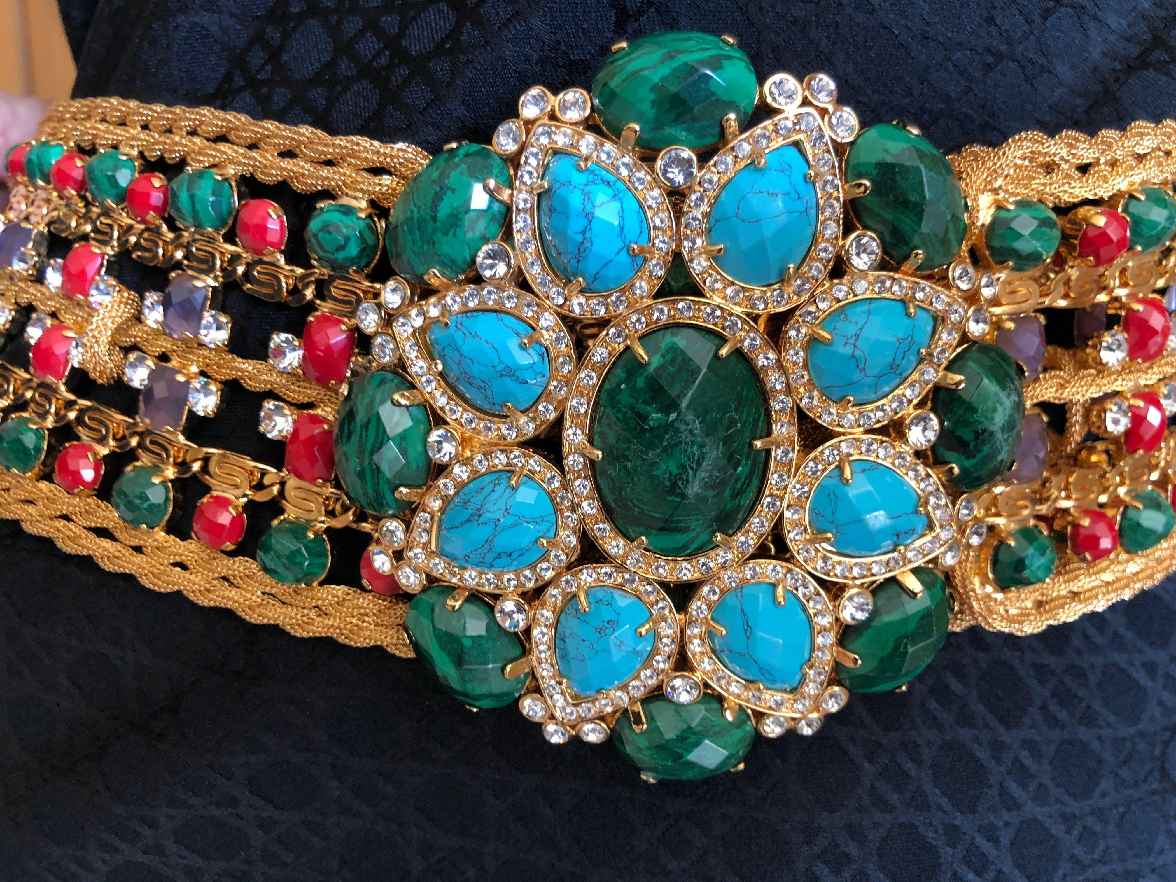Roberto Cavalli Gobsmacking Faux Turquoise & Emerald Wide Maharaja Belt 
Inspired by the Maharaja's of India, these belts are rare, and getting harder to find.
This is a sensational piece. 
The belt is 3