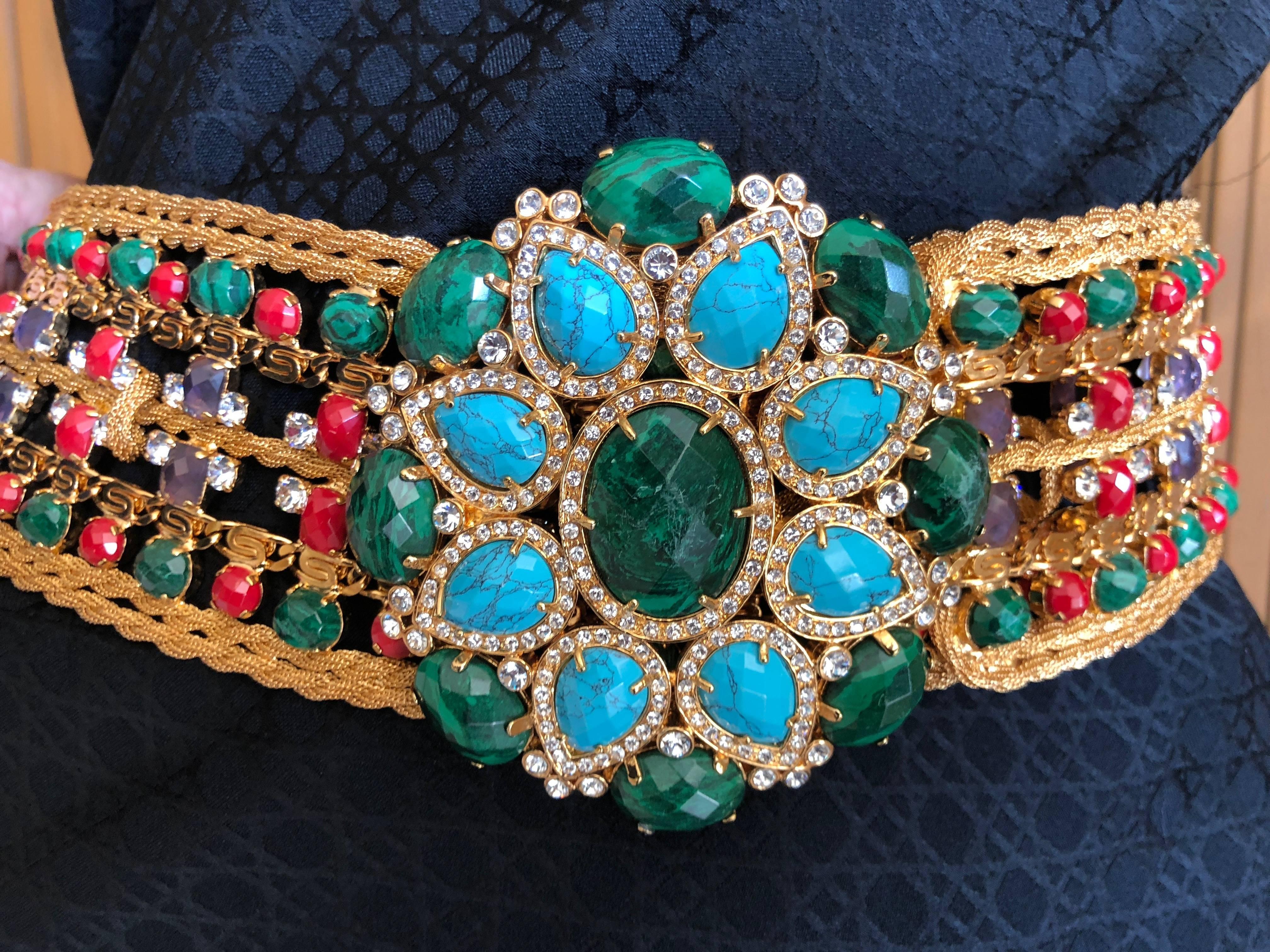 Roberto Cavalli Wide Golden Faux Turquoise & Emerald Wide Maharaja Belt  XL In Excellent Condition For Sale In Cloverdale, CA