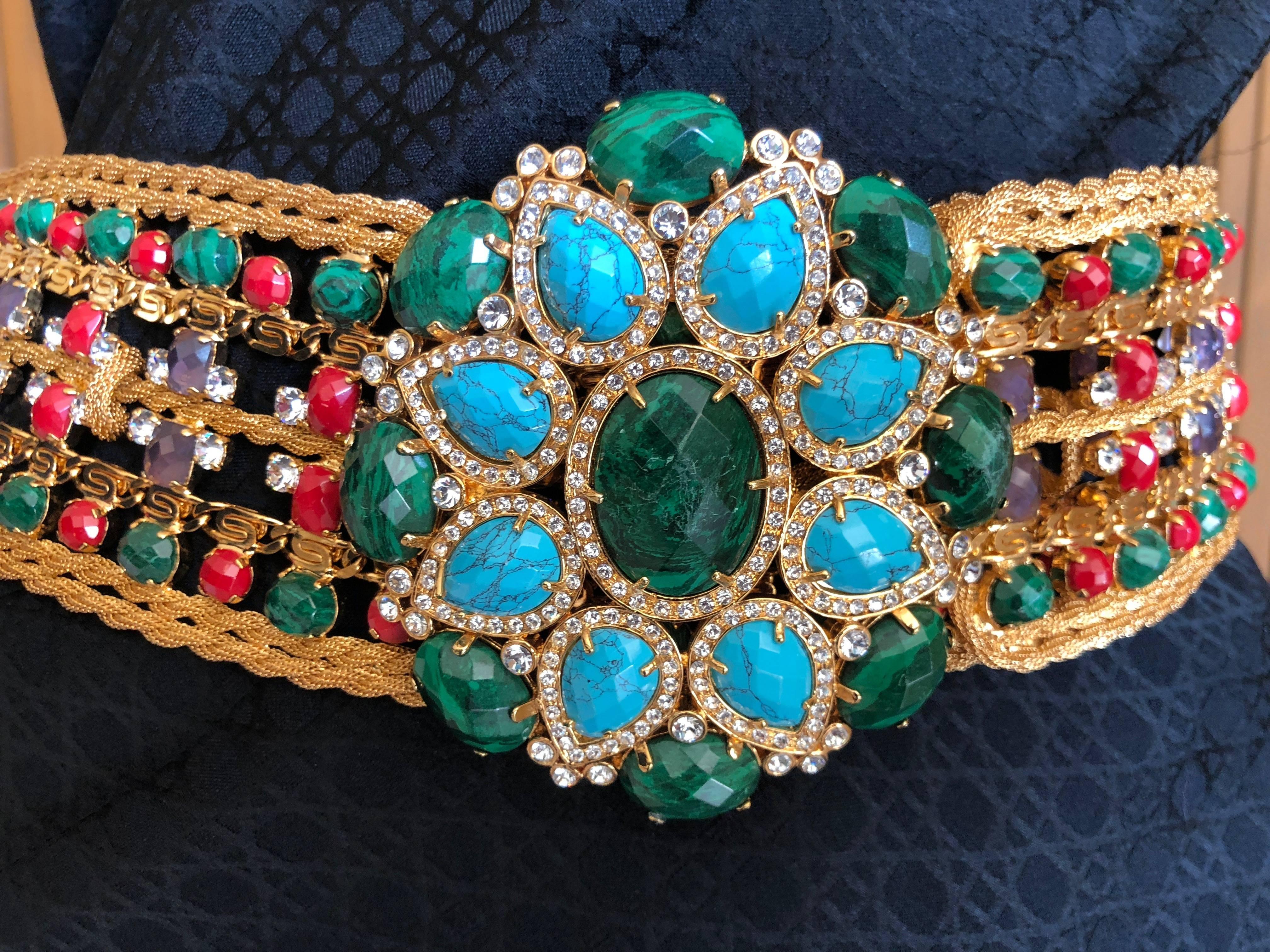 Women's or Men's Roberto Cavalli Wide Golden Faux Turquoise & Emerald Wide Maharaja Belt  XL For Sale