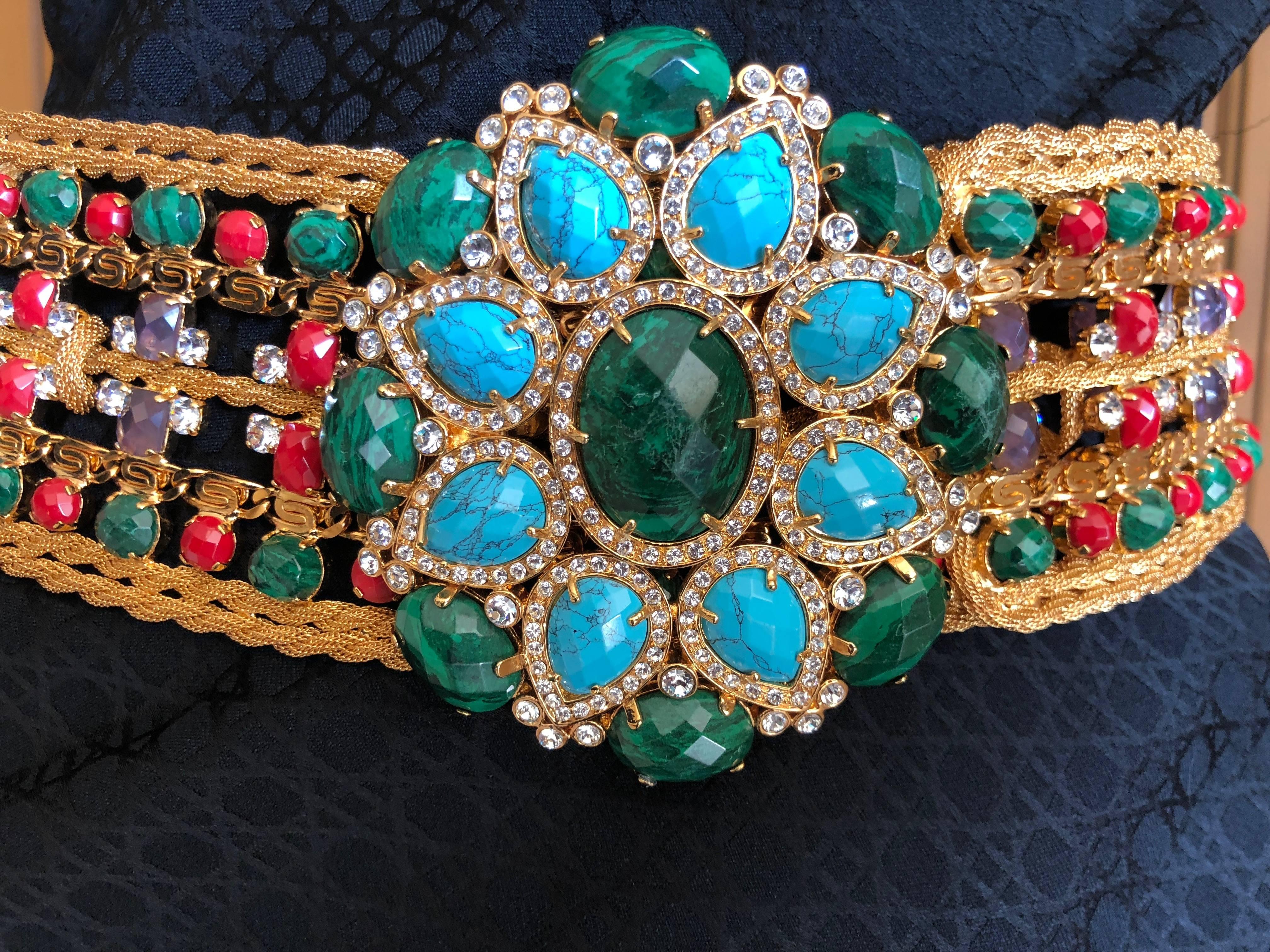 Roberto Cavalli Wide Golden Faux Turquoise & Emerald Wide Maharaja Belt  XL For Sale 1