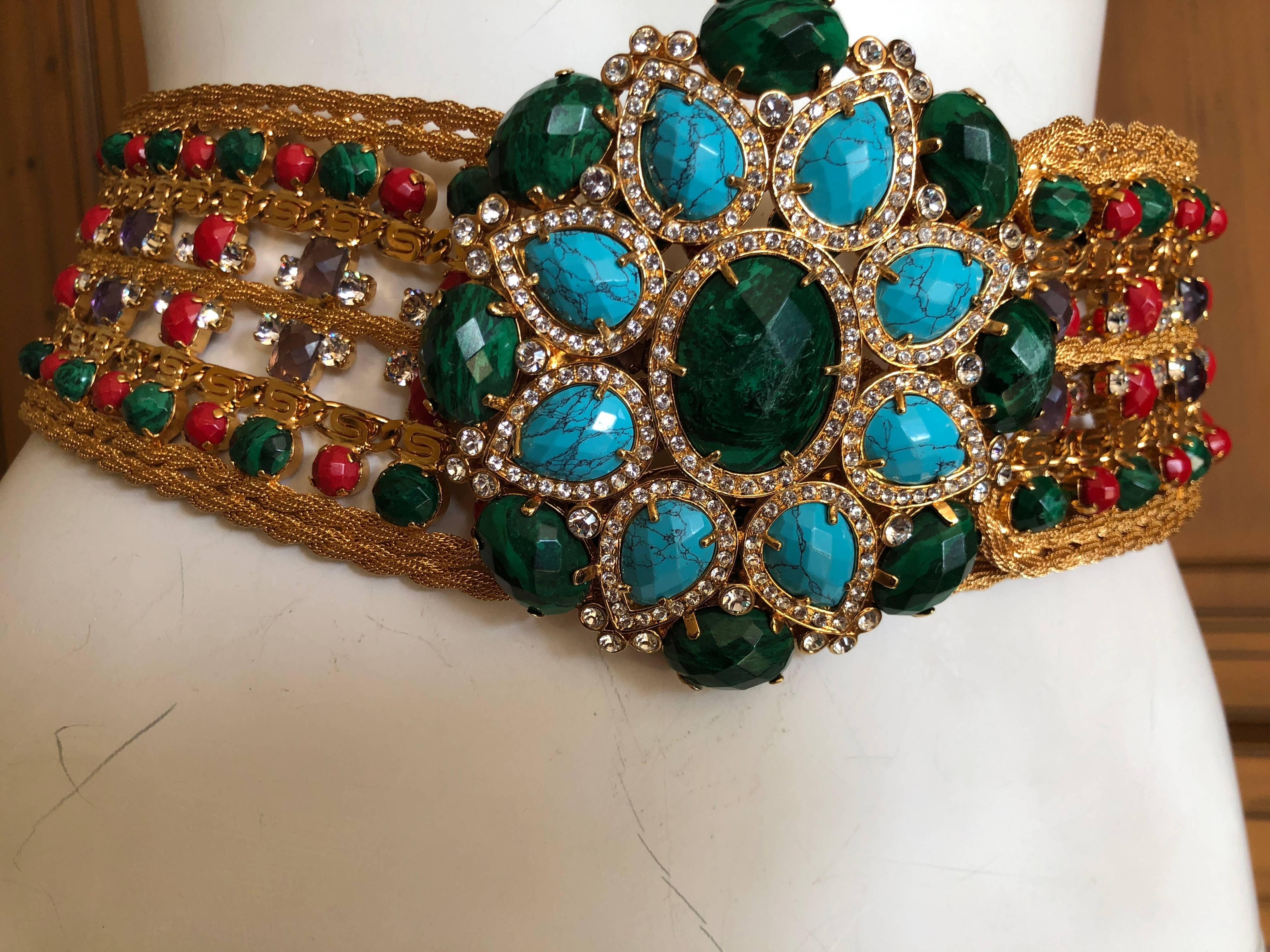 Roberto Cavalli Wide Golden Faux Turquoise & Emerald Wide Maharaja Belt  XL For Sale 2