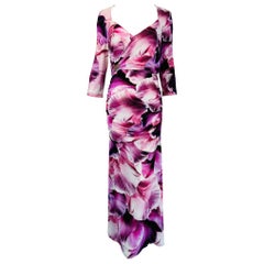 Roberto Cavalli Maxi Vestido Cuello en V Drapeado Lateral Flor Fantasía Pétalos Rosa Vino 44