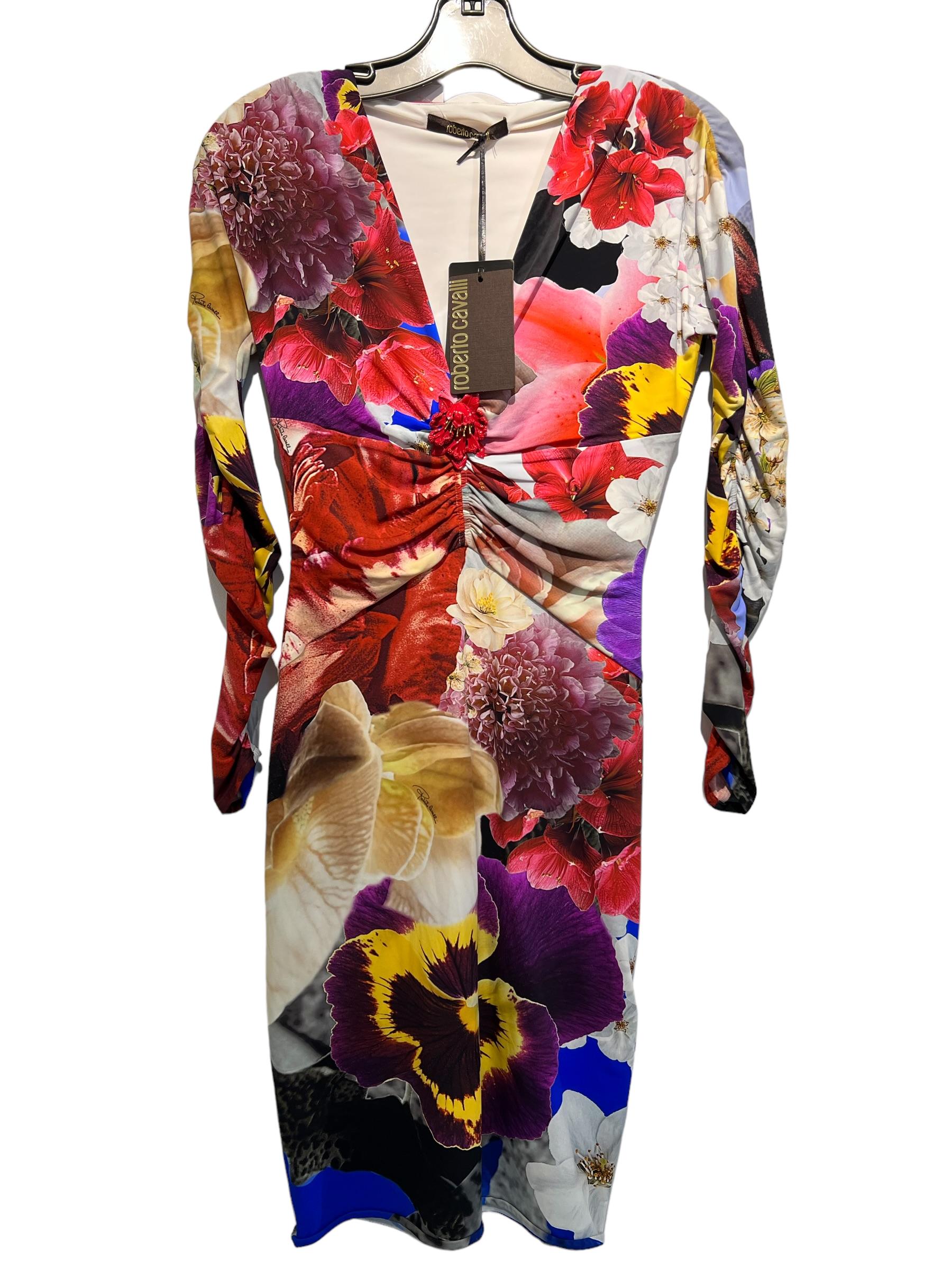 New Classy Floral-Print dress from ROBERTO CAVALLI featuring purple, Yellow and Red, ruched detailing, V- neck, long sleeves. 