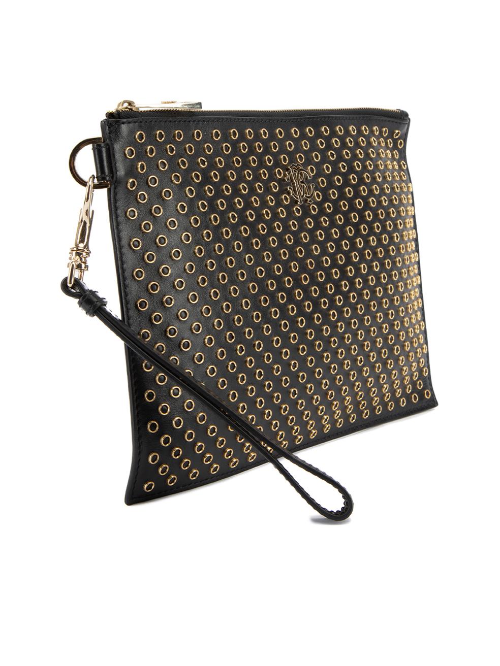 CONDITION is Very good. Hardly any visible wear to clutch is evident on this used Roberto Cavalli designer resale item. This item comes with original dustbag.  Details  Black Leather Large rectangle clutch Gold studs embellishment Front branded logo