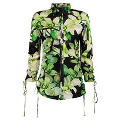 Roberto Cavalli Women's Green Floral Tie Ruched Long Sleeve Blouse