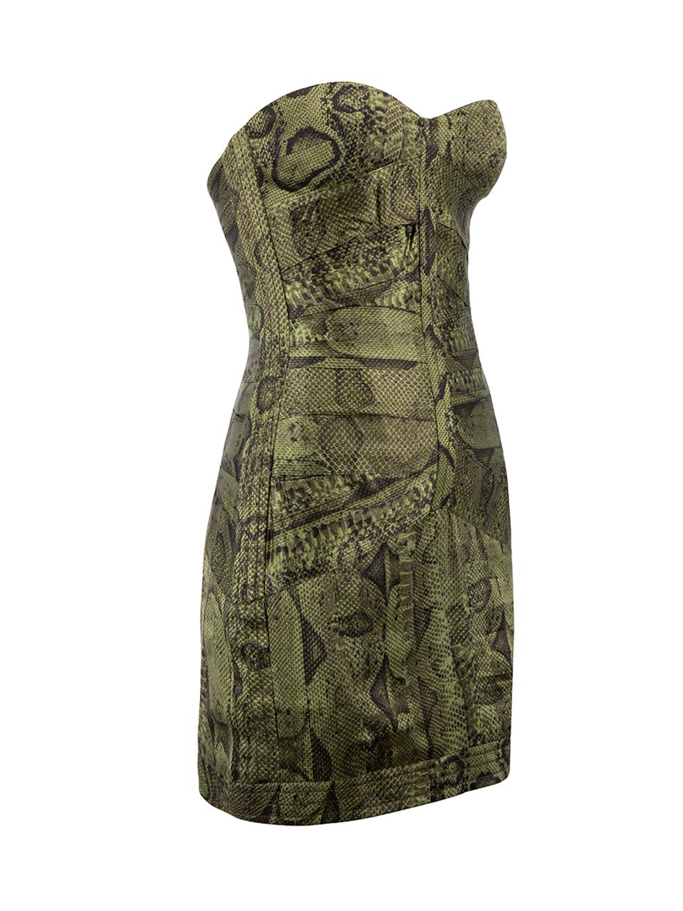 CONDITION is Very good. Hardly any visible wear to dress is evident on this used Roberto Cavalli designer resale item. 
 
 Details
  Green
 Silk
 Strapless dress
 Snakeskin print pattern
 Padded and boned
 Cut out design
 Back double layer zip