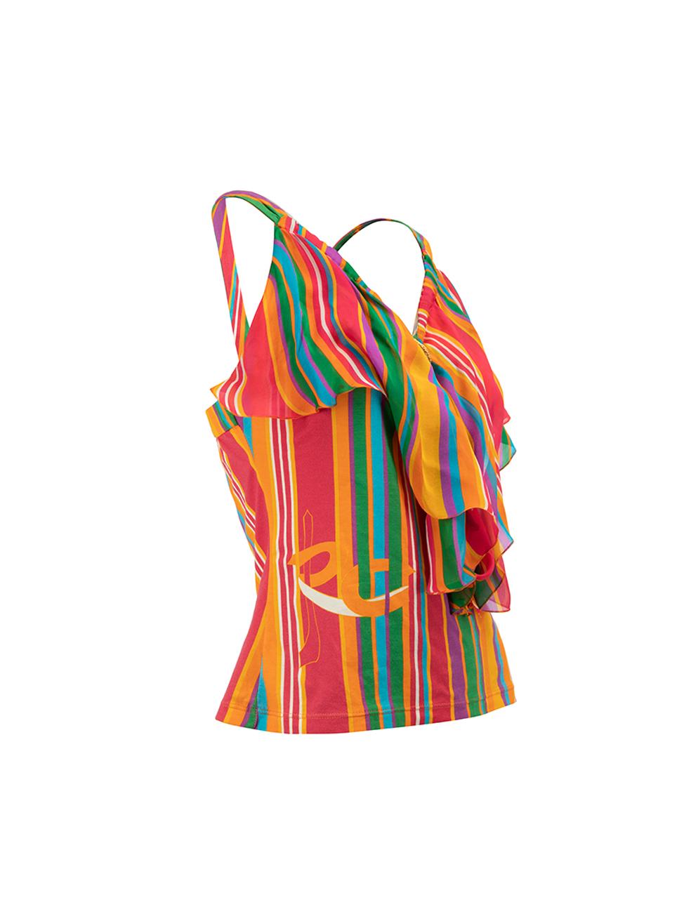 CONDITION is Very good. Minimal wear to top is evident. Minimal wear to the chiffon where some faint marks are on this used Roberto Cavalli designer resale item. 

Details
Multicolour
Cotton
Cropped top
Striped pattern
Cross straps with plunge