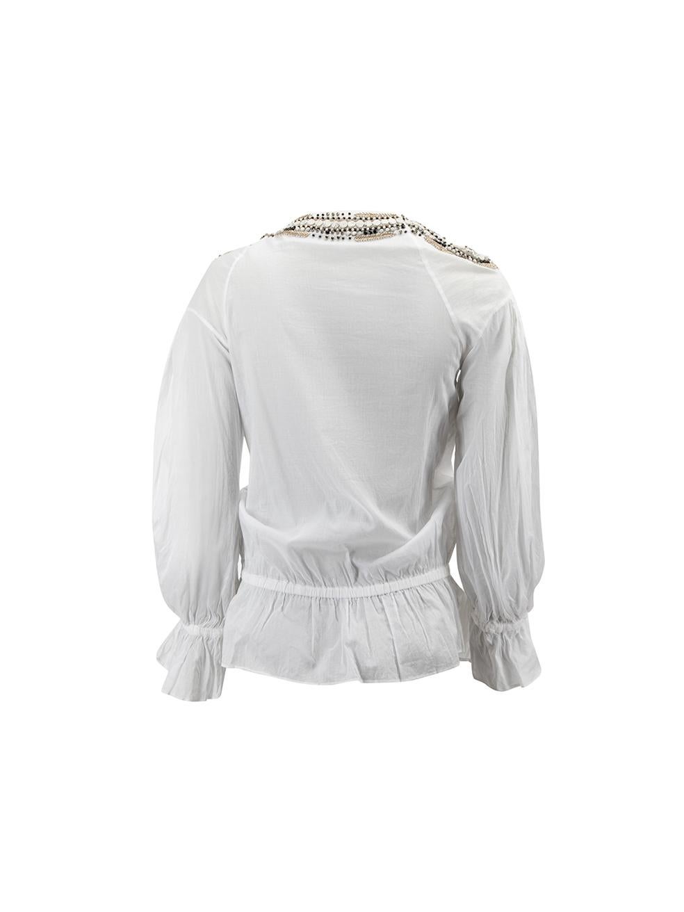 Roberto Cavalli Women's White Embellished Tie Neck Blouse In Good Condition In London, GB