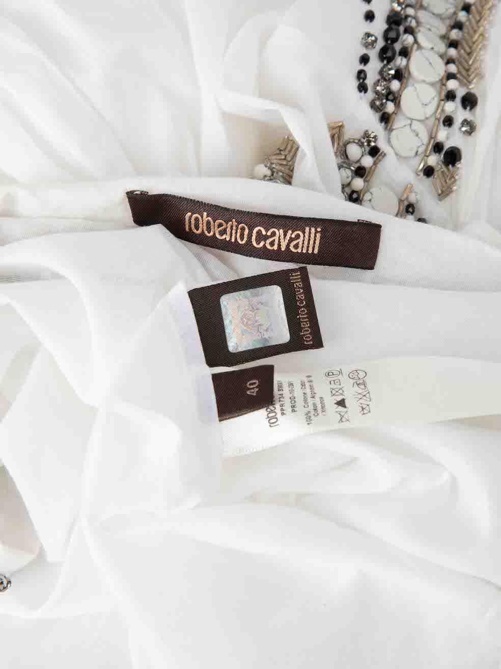 Roberto Cavalli Weiße, verzierte Damenbluse mit Krawattenausschnitt im Angebot 2