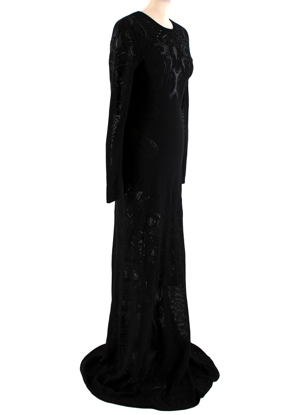 Roberto Cavalli Wool Blend Crochet-Knit Embellished Gown

- Black crochet knitted gown
- Soft wool blend 
- Long sleeves 
- Floor length 
- Beaded embellished chest with leather detailing
- Keyhole open back 

Materials: 
55% Wool, 45% Viscose 

Dry