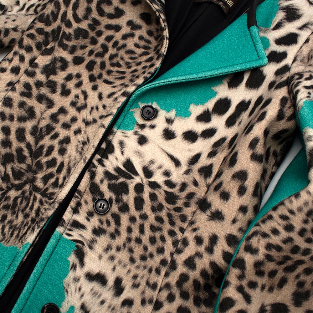 Roberto Cavalli Wool Blend Leopard Teal Longline Coat IT40 1