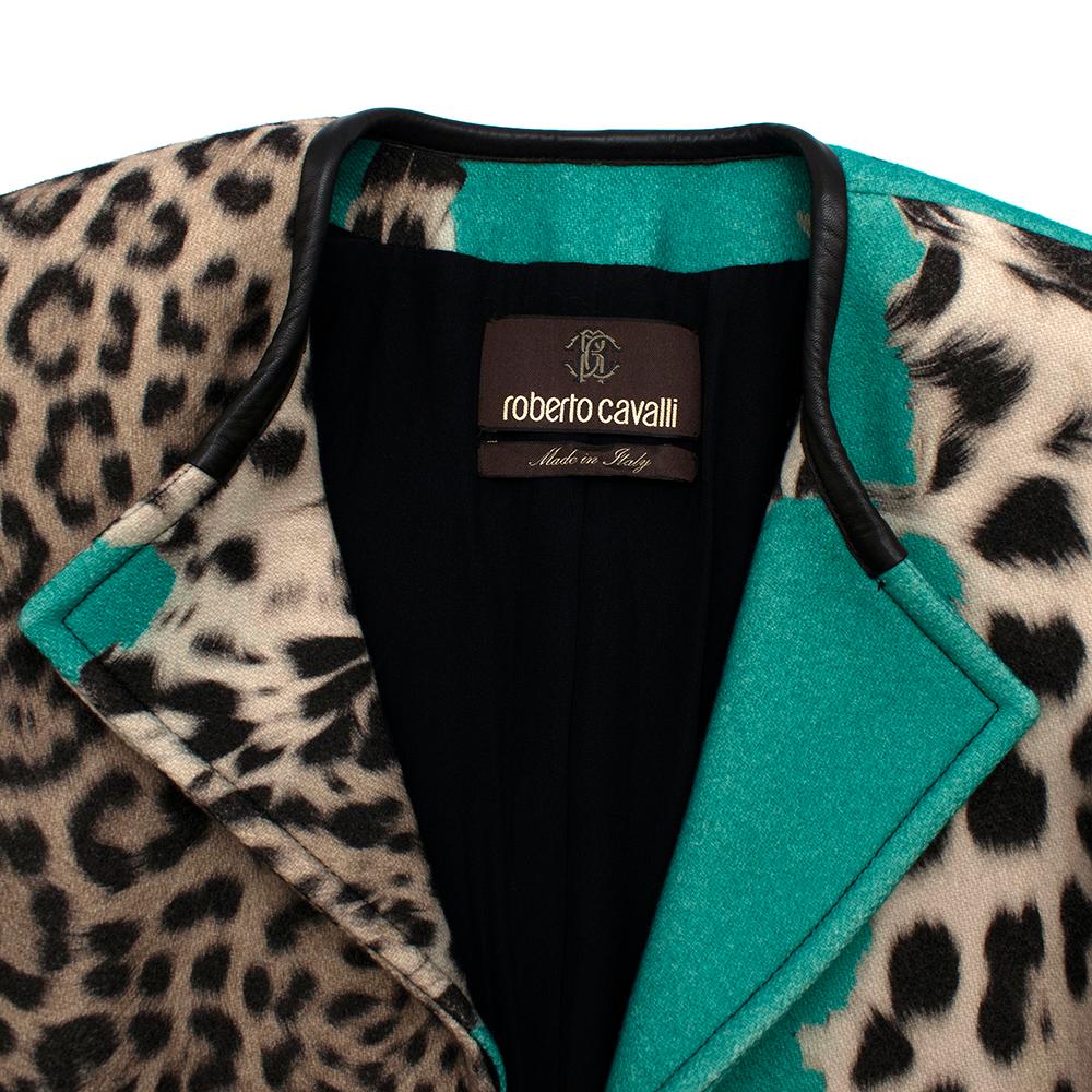 Roberto Cavalli Wool Blend Leopard Teal Longline Coat IT40 2