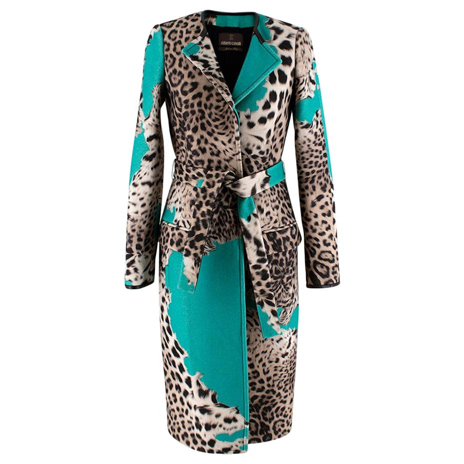 Roberto Cavalli Wool Blend Leopard Teal Longline Coat IT40