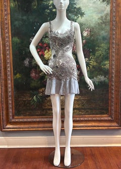 ROBERTO CAVALLI X MORPHEW ATELIER – Silbernes, transparentes Cocktailkleid aus besticktem Netzstoff