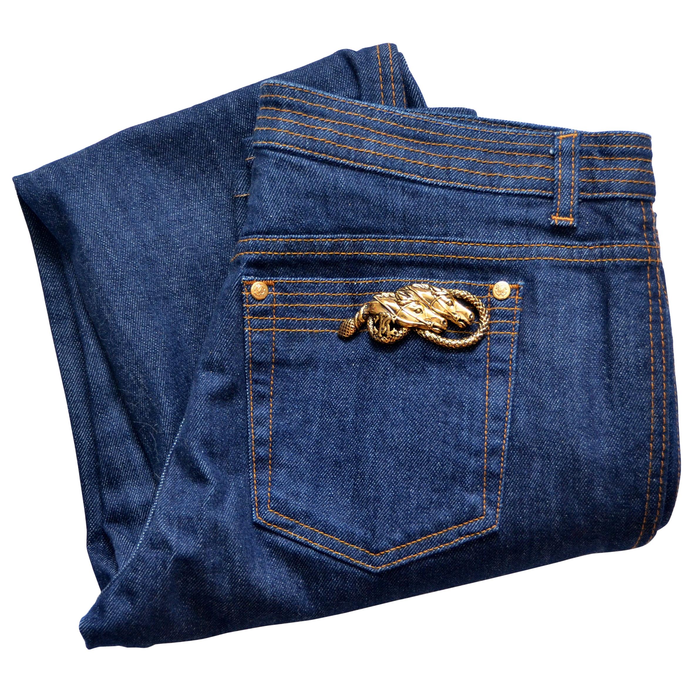 Roberto Cavalli x Neiman Marcus Denim Jeans With Horse Embellishment 