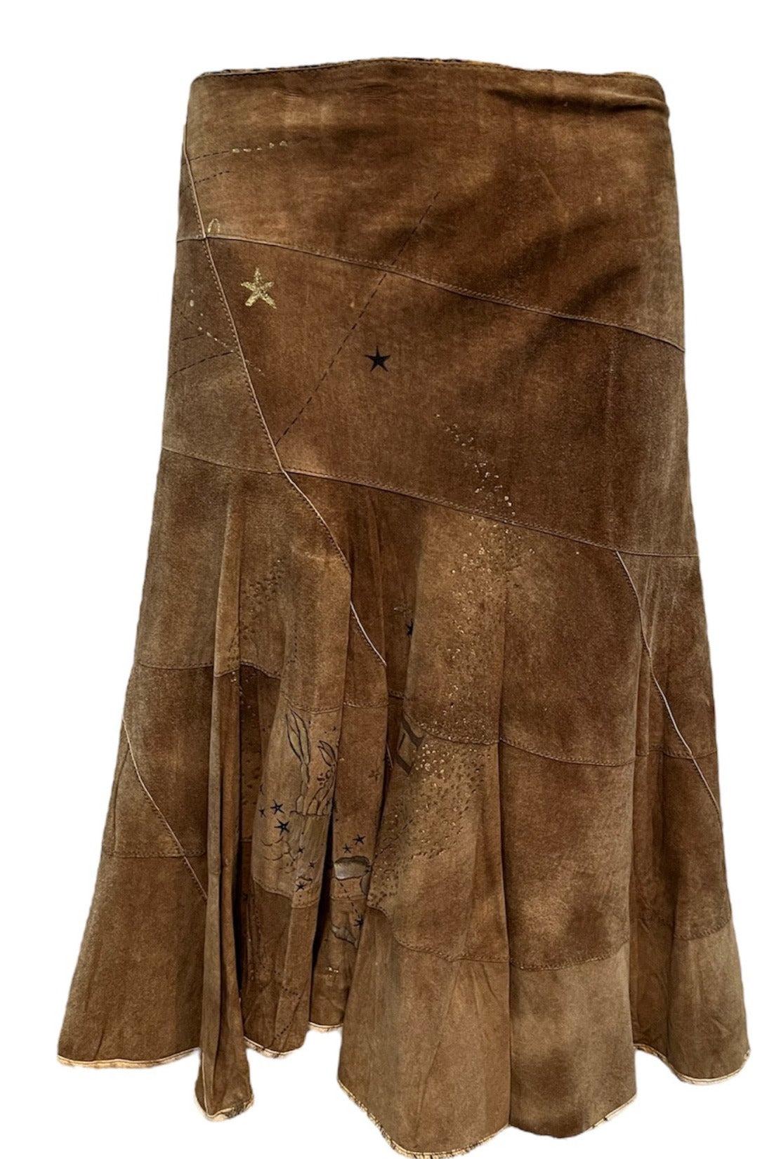 Roberto Cavalli Y2K Brown Suede Patchwork Skirt withLion Stencil, New/Old In New Condition For Sale In Los Angeles, CA