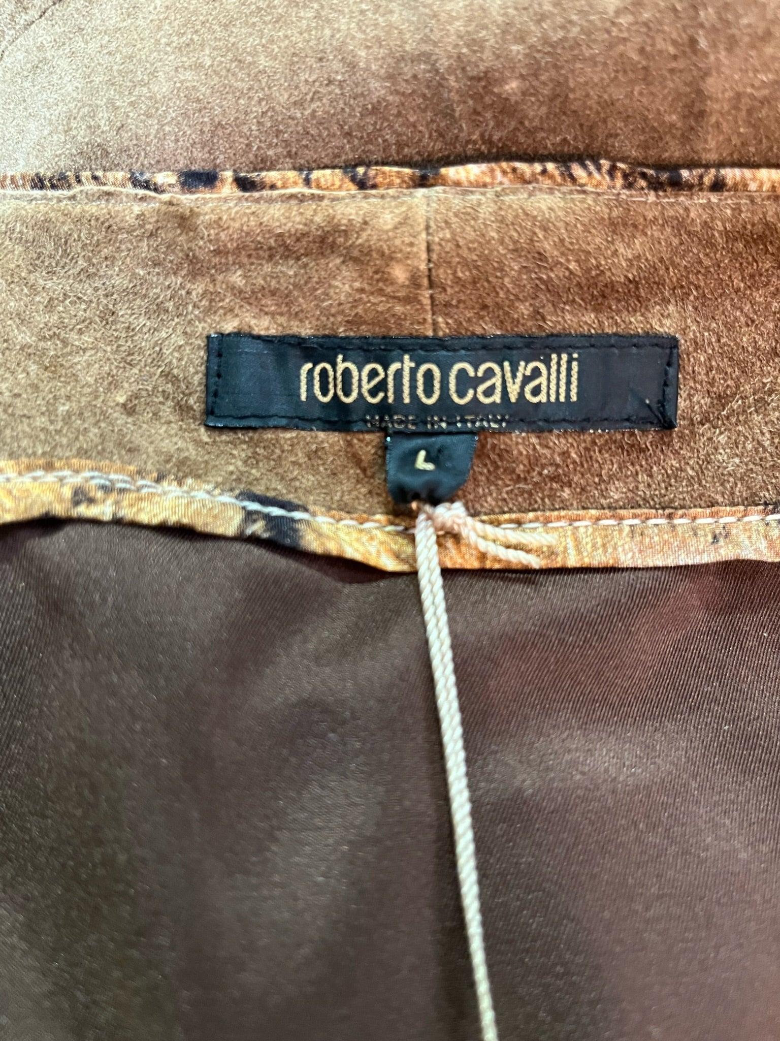 Women's Roberto Cavalli Y2K Brown Suede Patchwork Skirt withLion Stencil, New/Old For Sale