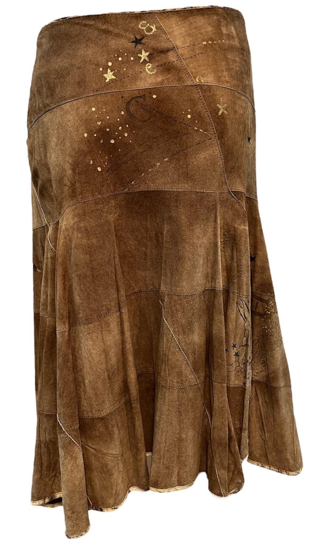 Roberto Cavalli Y2K Brown Suede Patchwork Skirt withLion Stencil, New/Old For Sale