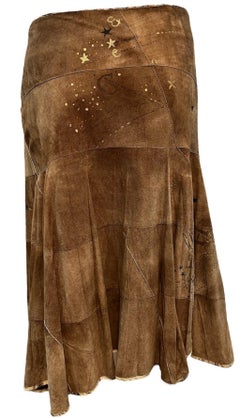 Roberto Cavalli Y2K Brown Suede Patchwork Skirt withLion Stencil, New/Old