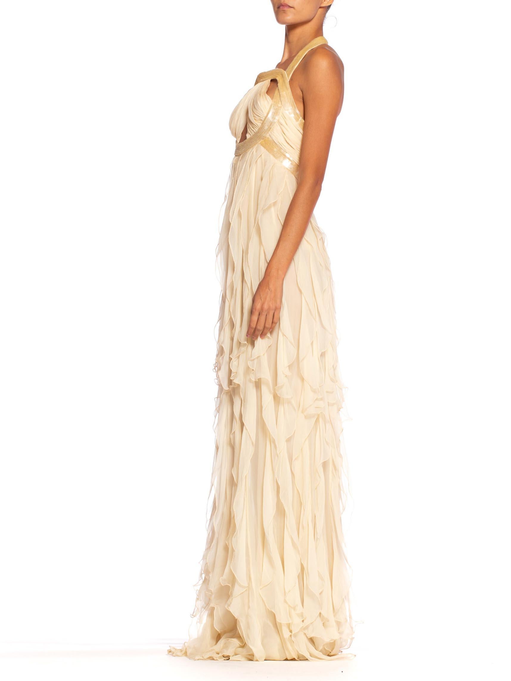 2000'S ROBERTO CAVALLI Cream Beaded Silk Chiffon Cut-Out Bodice Gown With Ruffl In Excellent Condition In New York, NY