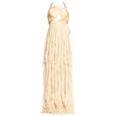2000'S ROBERTO CAVALLI Cream Beaded Silk Chiffon Cut-Out Bodice Gown With Ruffl
