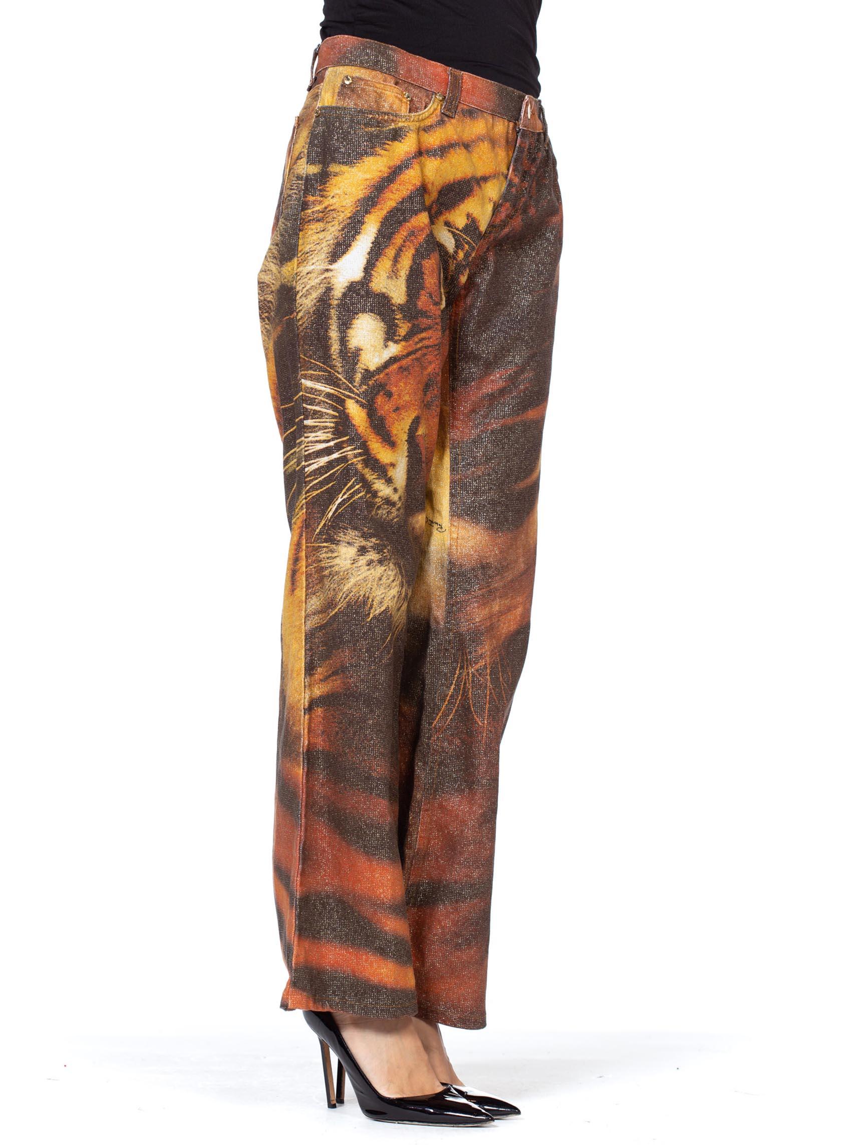 Brown Roberto Cavalli Y2K Tiger Print Jeans With Metallic Gold