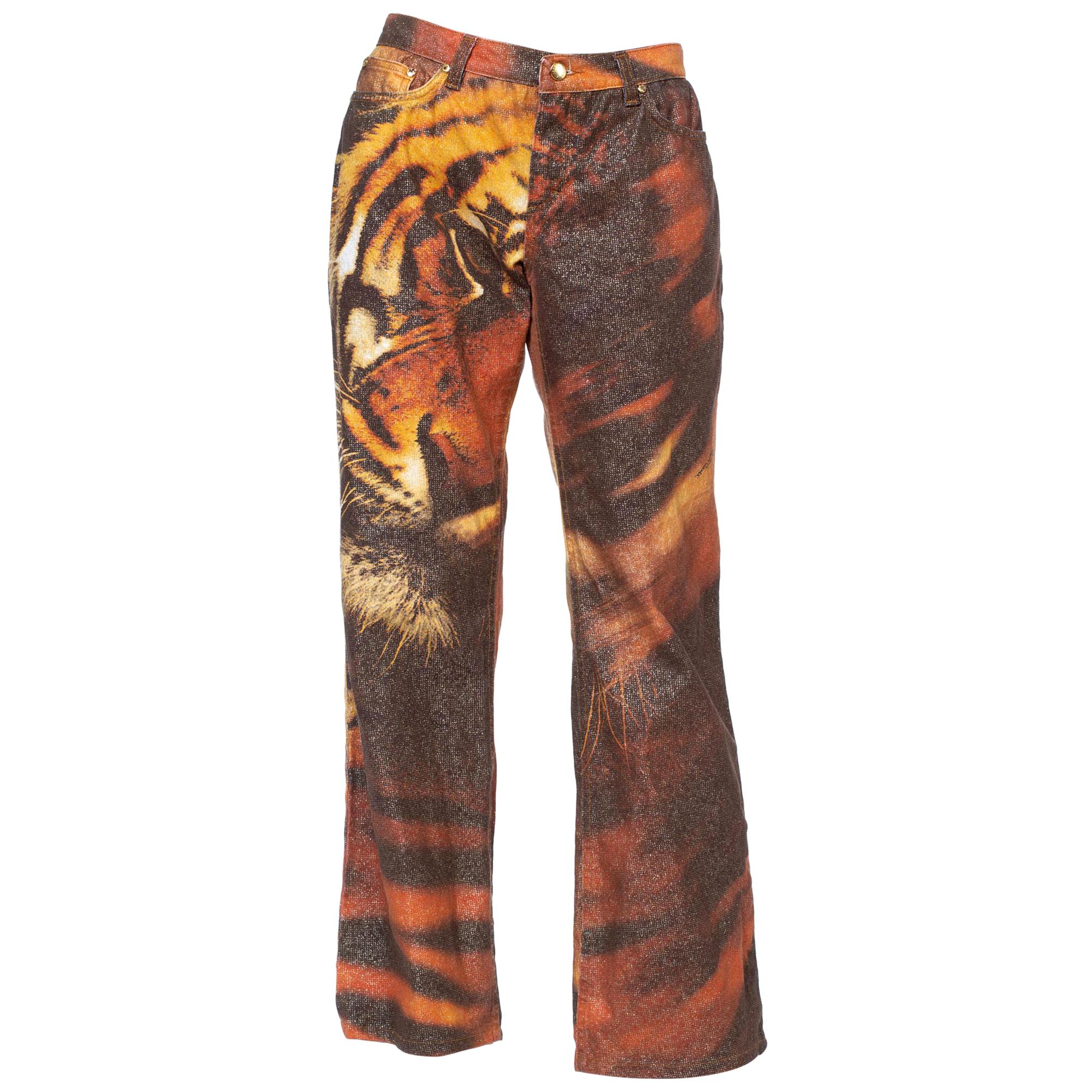 Roberto Cavalli Y2K Tiger Print Jeans With Metallic Gold