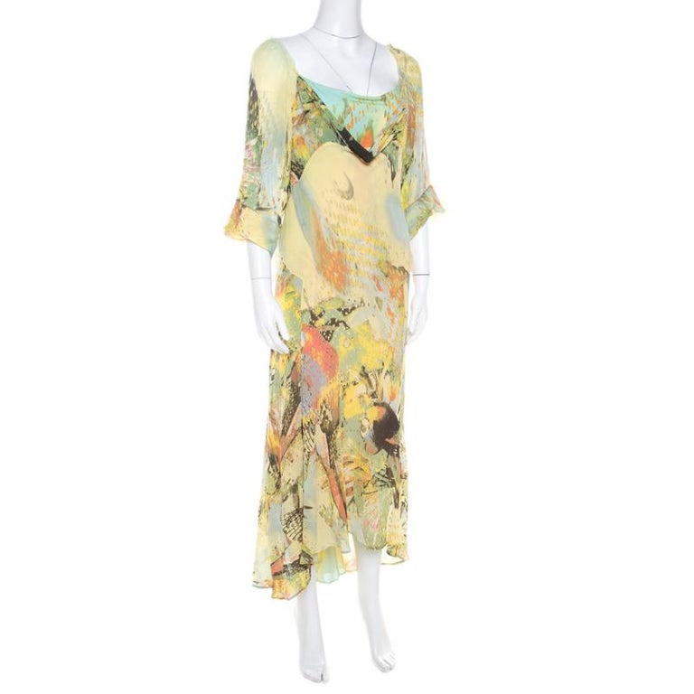 Roberto Cavalli Yellow Abstract Print Draped Neck Maxi Dress XL For ...