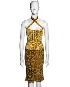 Roberto Cavalli yellow and gold brocade-print silk corset and skirt, fw 2004