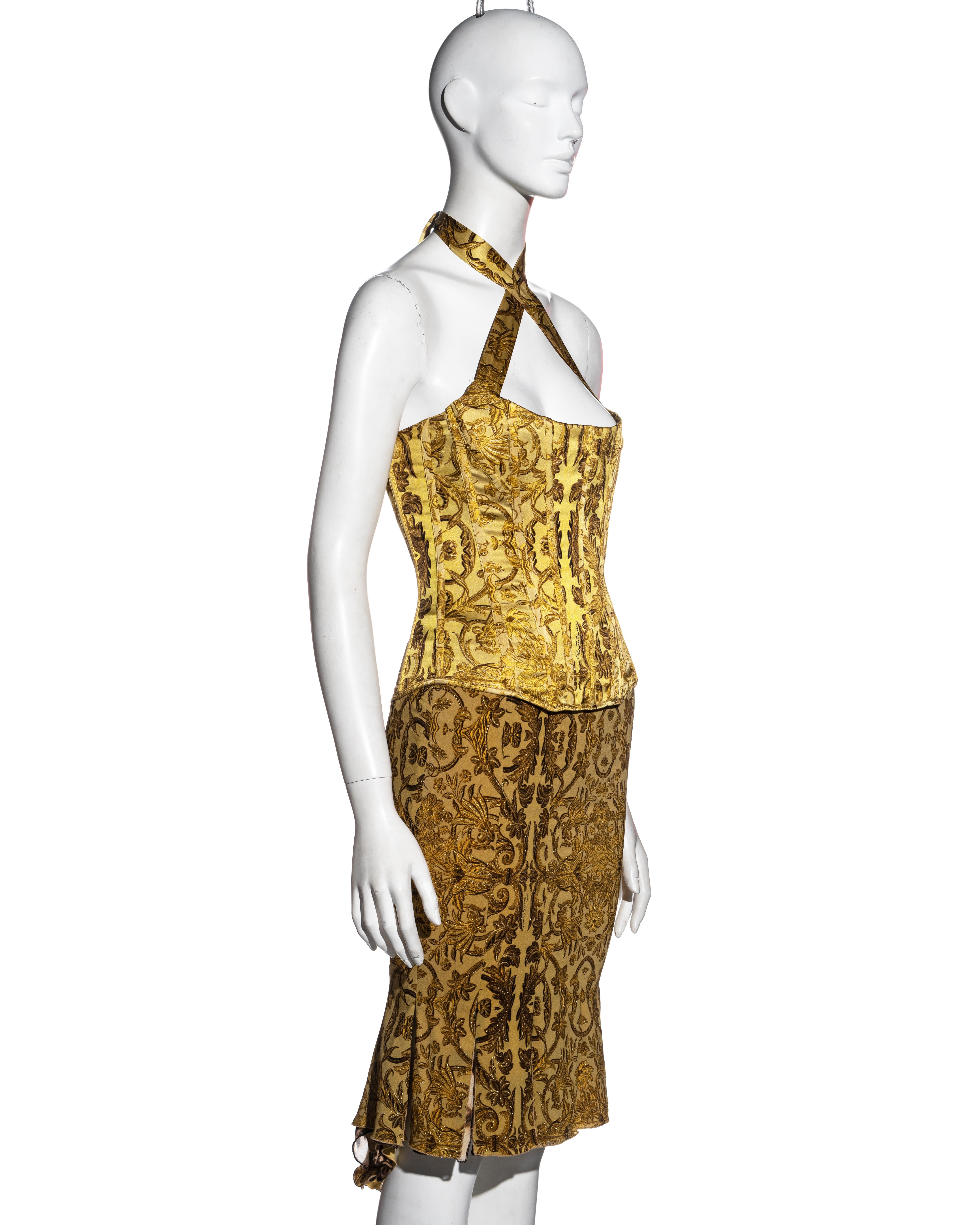 Roberto Cavalli yellow and gold brocade-print silk corset and skirt, fw 2004 In Excellent Condition In London, GB