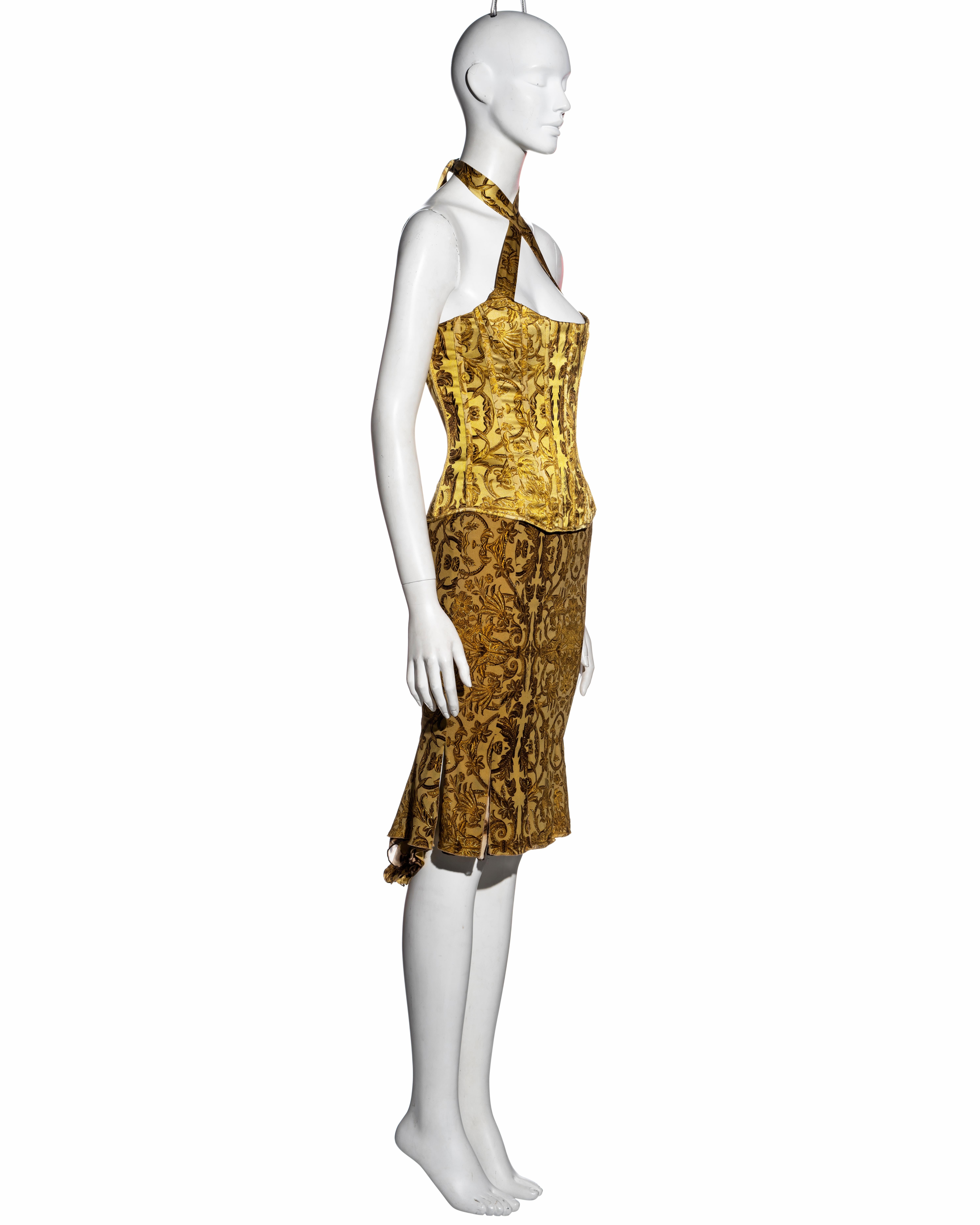 Women's Roberto Cavalli yellow and gold brocade-print silk corset and skirt, fw 2004