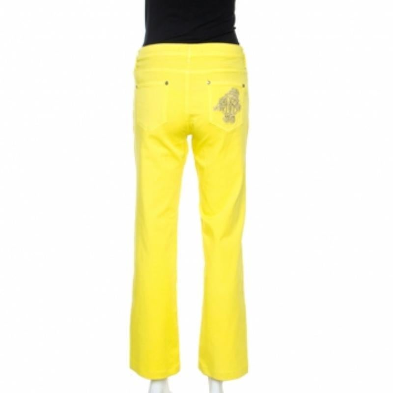 Giallo Roberto Cavalli Yellow Denim Embroidered Back Pocket Jeans M in vendita