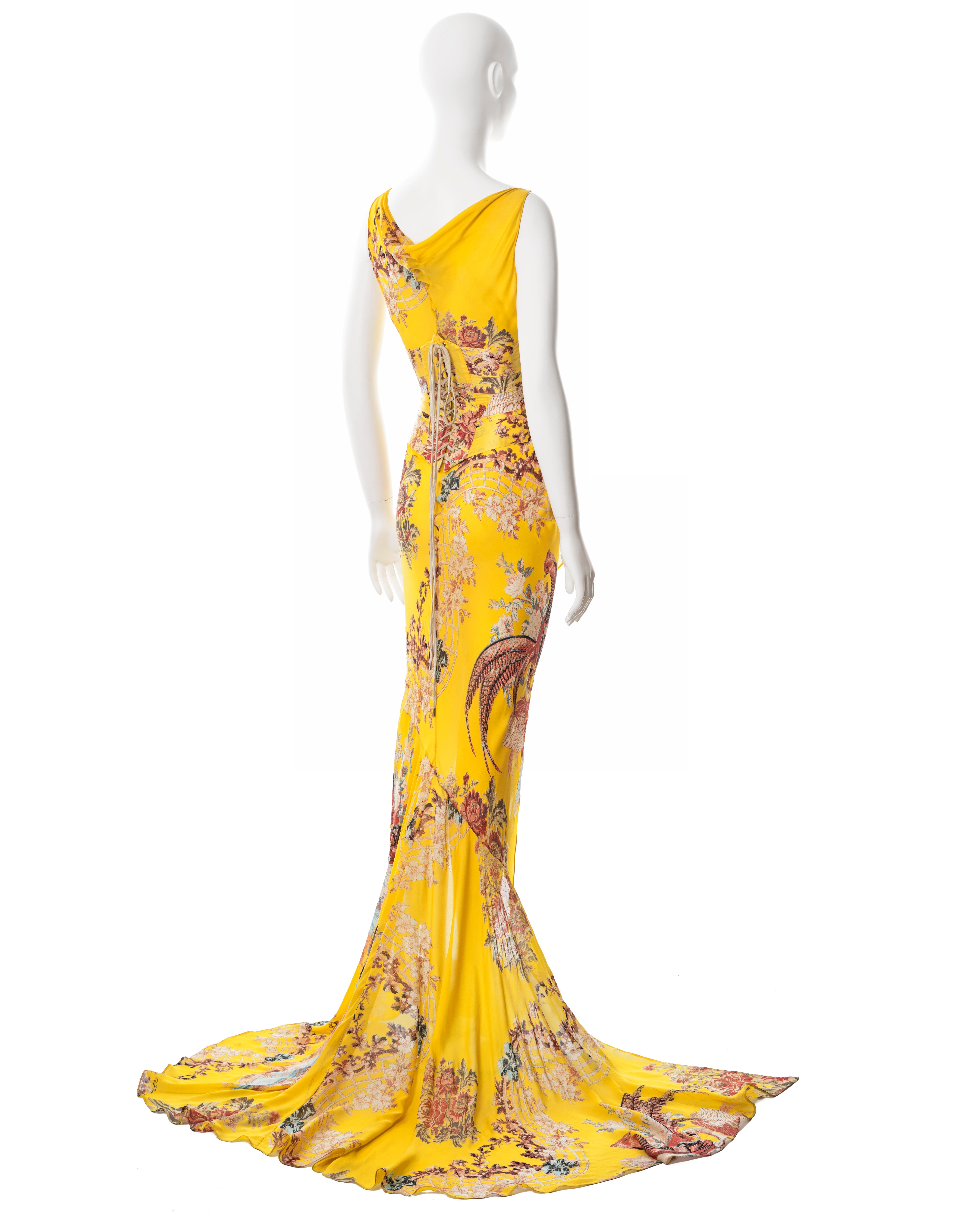 Roberto Cavalli yellow floral bias cut silk evening dress and corset, ss 2003 6