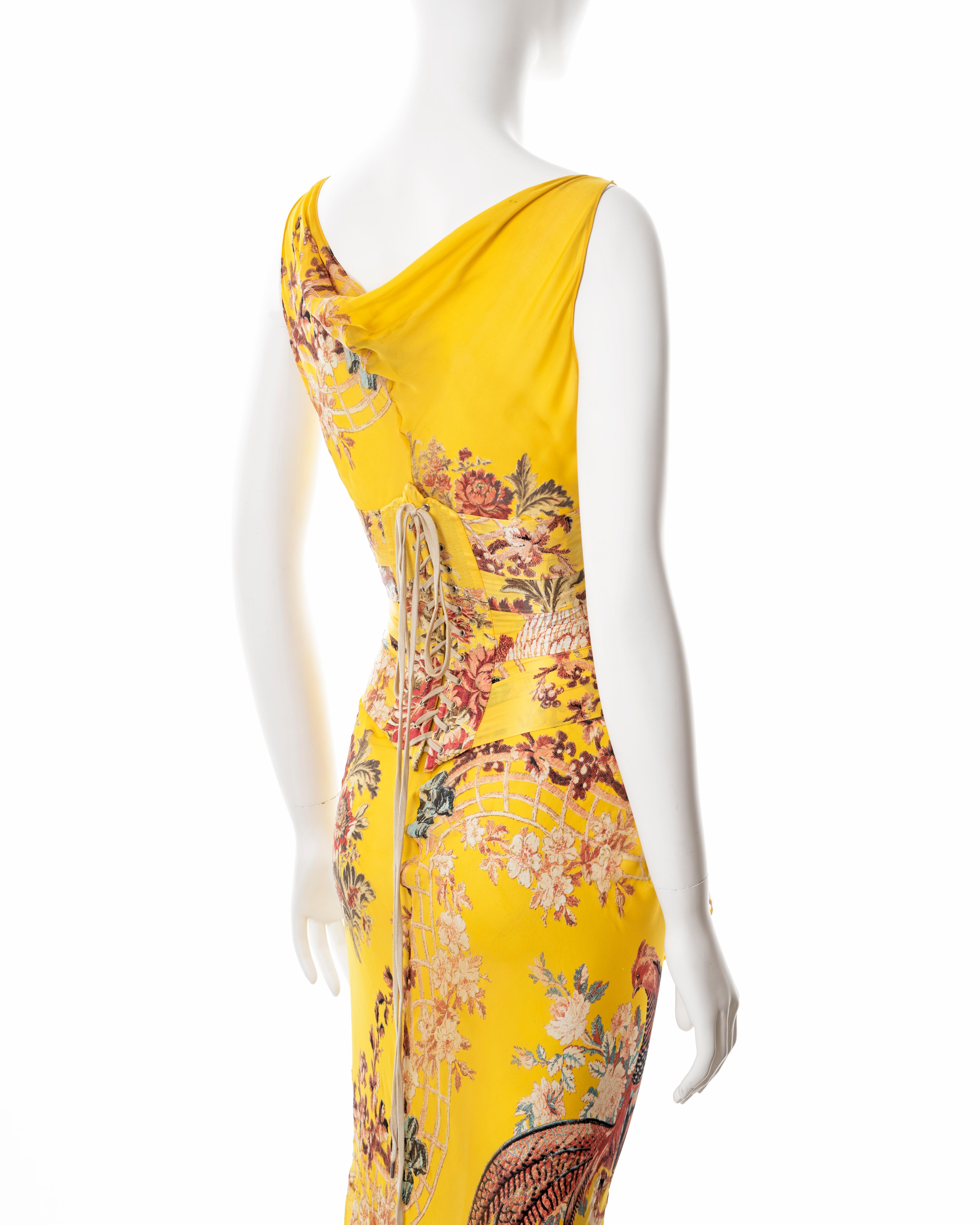 Roberto Cavalli yellow floral bias cut silk evening dress and corset, ss 2003 7