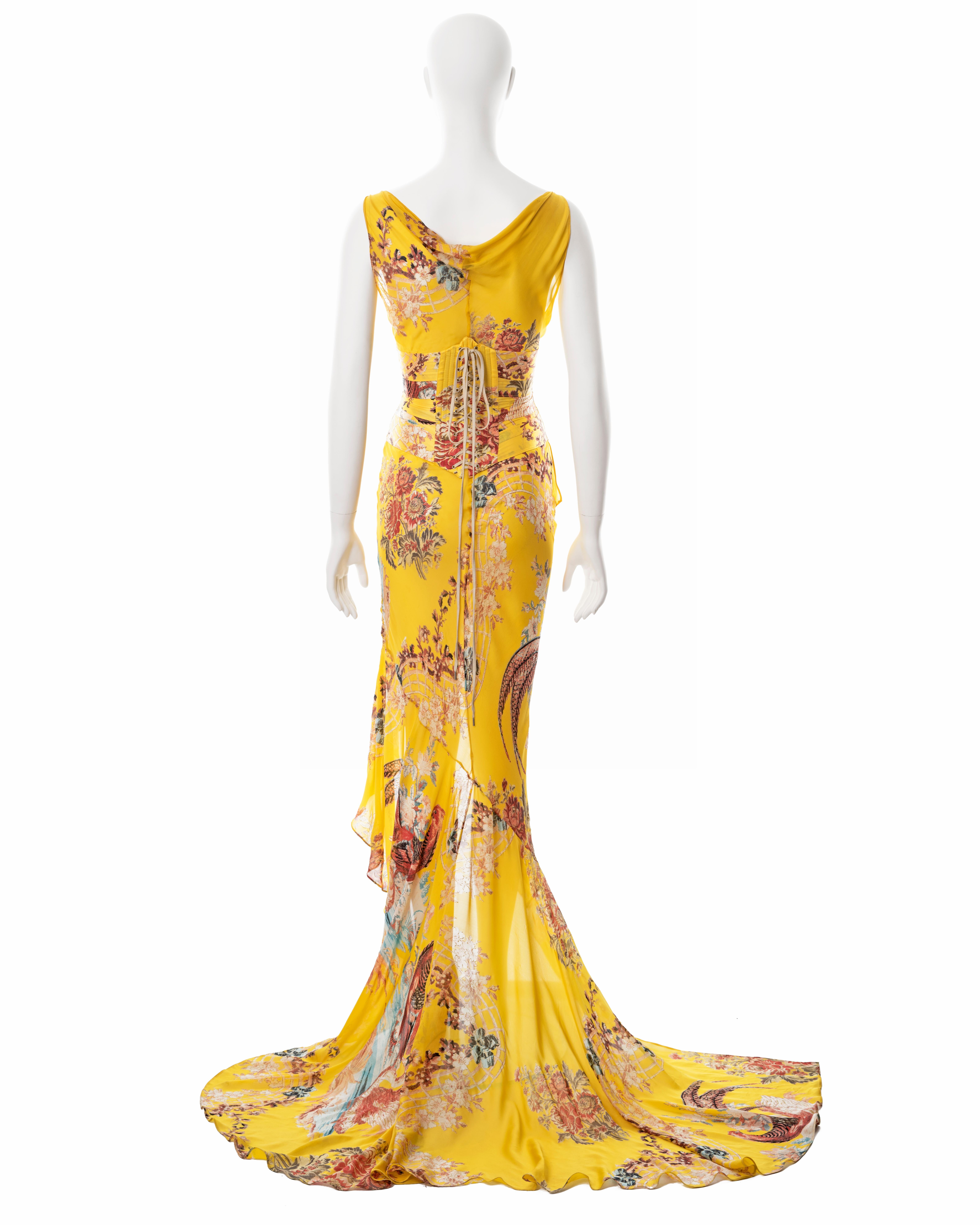 Roberto Cavalli yellow floral bias cut silk evening dress and corset, ss 2003 8