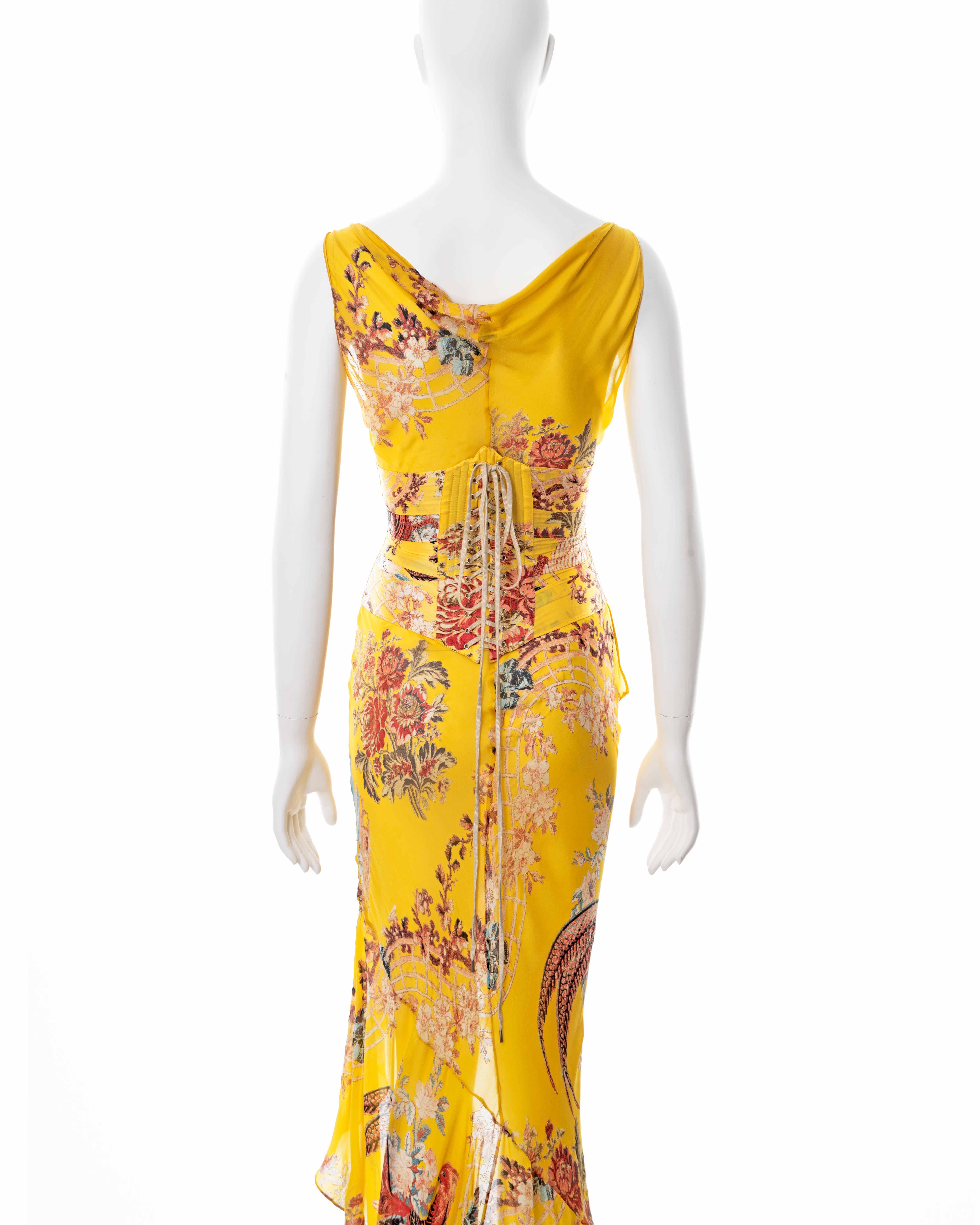 Roberto Cavalli yellow floral bias cut silk evening dress and corset, ss 2003 9