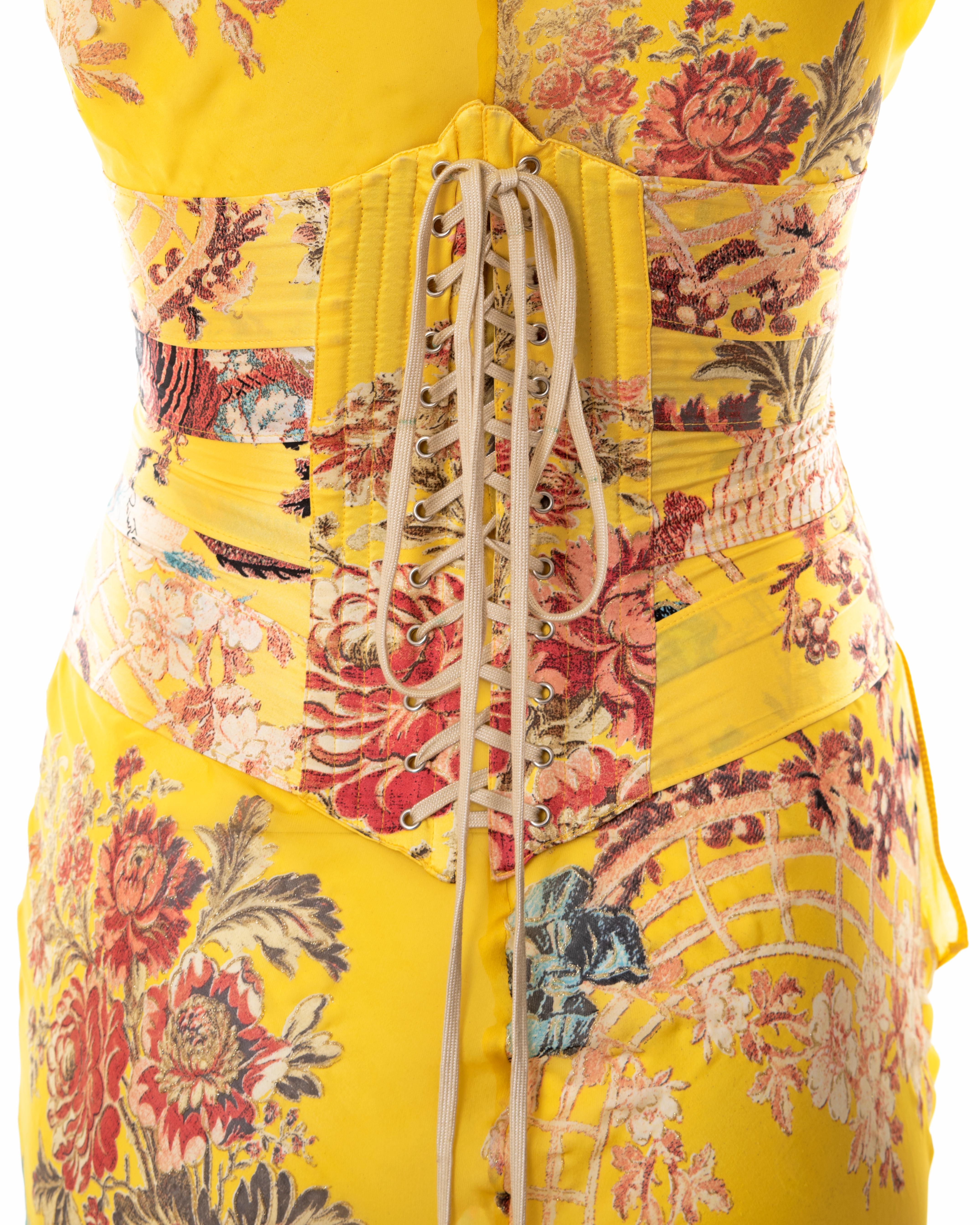Roberto Cavalli yellow floral bias cut silk evening dress and corset, ss 2003 10