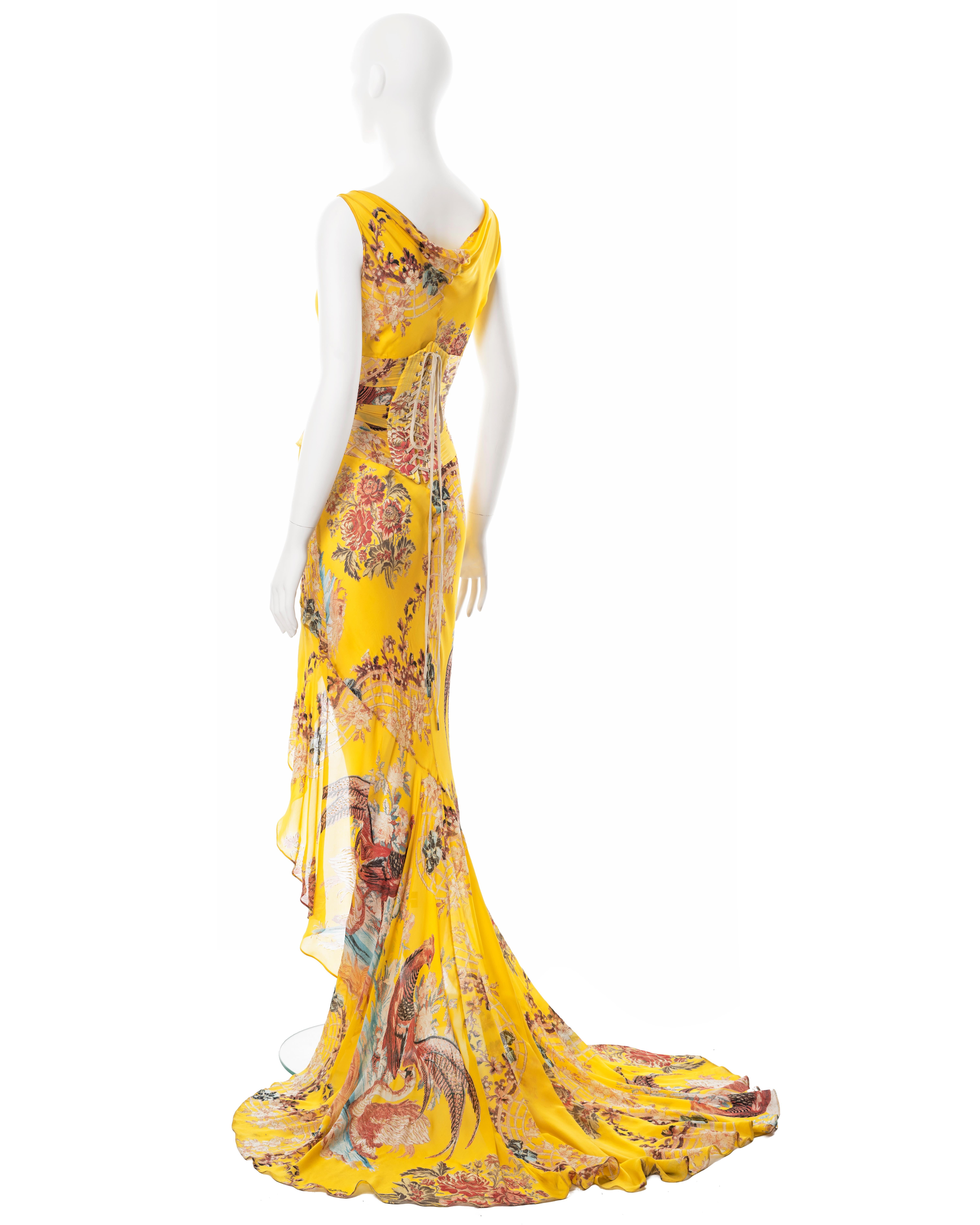 Roberto Cavalli yellow floral bias cut silk evening dress and corset, ss 2003 11